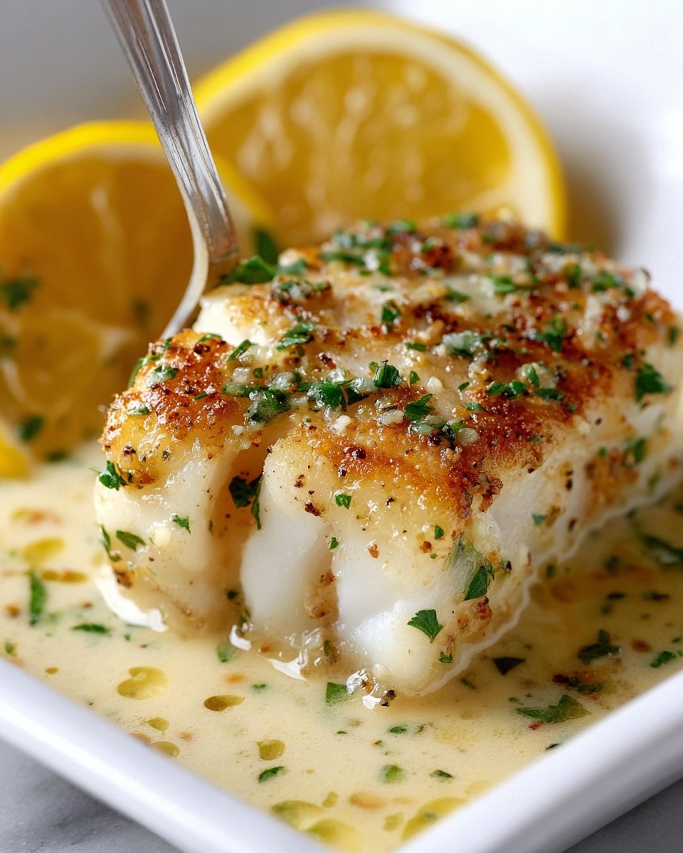 A pristine white rectangular baking dish filled with a whole baked lemon butter cod, featuring a perfectly golden-browned crust atop tender, flaky fish immersed in a luscious, creamy lemon butter sauce. The sauce is dotted with fresh parsley leaves, finely chopped onions, and thin lemon wedges artfully arranged around the entire fish. The edges of the baking dish show slight caramelization from baking, adding a rustic touch to this gourmet seafood presentation. The dish is set on a white marble countertop, captured in a professional 3/4 angle shot with natural soft directional lighting, evoking the refined atmosphere of a high-end kitchen near sunlit windows, styled to emphasize the indulgent yet elegant flavor profile of the complete dish. REALISTIC STYLE IMAGE| TAGS: High-end food photography, clean composition, dramatic lighting, luxurious, elegant, mouth-watering, indulgent, gourmet | CAMERA: Nikon Z7 | FOCAL LENGTH: 50mm | SHOT TYPE: Close-up | COMPOSITION: 3/4 angle | LIGHTING: Soft directional light | PRODUCTION: Food Stylist | TIME: Daytime I LOCATION TYPE: Kitchen near windows --stylize 150 --ar 4:5
