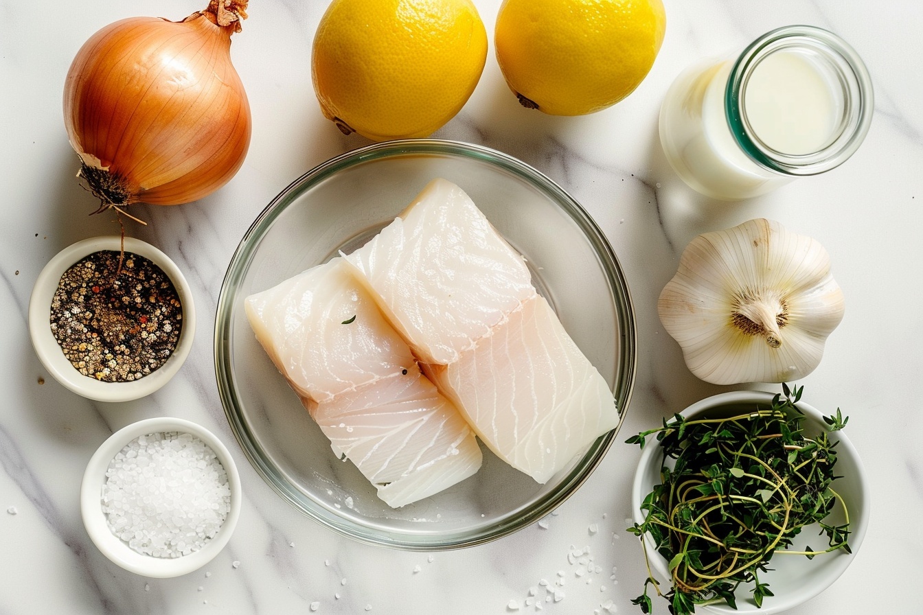 Single white square plate featuring one perfectly cooked portion of golden seared white fish with a tender, flaky interior, topped with finely chopped fresh herbs, sitting in a pool of rich, creamy lemon butter sauce with droplets glistening, garnished with two thin lemon wedges on the side, close-up 3/4 angle showcasing the delicate layers and moist texture of the fish, natural soft directional daylight pouring in, white marble background evoking an elegant food blog style presentation, styled for an indulgent gourmet experience, photographed with Nikon Z7, 50mm focal length, close-up shot, production by professional food stylist during daytime in a kitchen near windows --stylize 150 --ar 4:5 REALISTIC STYLE IMAGE| TAGS: High-end food photography, clean composition, dramatic lighting, luxurious, elegant, mouth-watering, indulgent, gourmet | CAMERA: Nikon Z7 | FOCAL LENGTH: 50mm | SHOT TYPE: Close-up | COMPOSITION: 3/4 angle | LIGHTING: Soft directional light | PRODUCTION: Food Stylist | TIME: Daytime I LOCATION TYPE: Kitchen near windows --stylize 150  --ar 4:5