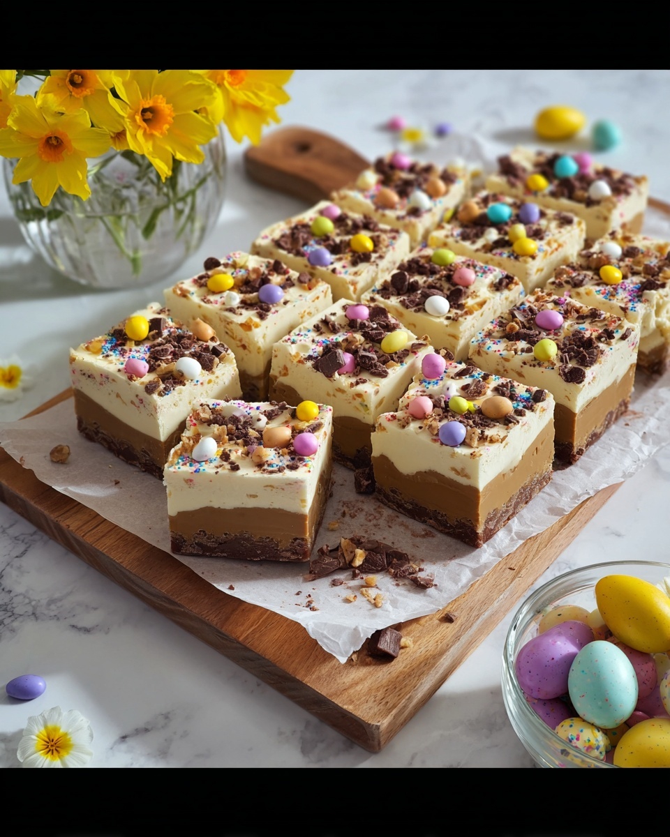 Mini Egg Millionaires Blondie: Fudgey Blondeie with Caramel, White Chocolate, and Mini Eggs Recipe