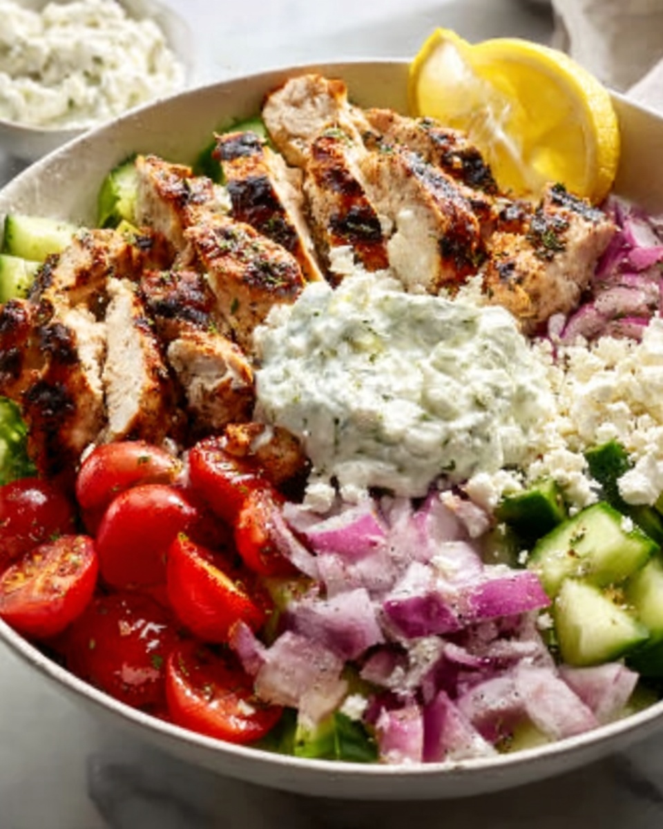 A large white serving bowl filled with an abundant Greek salad bowl featuring a vibrant mix of whole grilled chicken strips with golden char marks, generous chunks of crisp cucumber, diced deep purple red onions, halved juicy cherry tomatoes, and a heaping portion of creamy feta cheese crumbles. A dollop of smooth, thick tzatziki sauce crowns the center, with a bright lemon wedge placed alongside for garnish. The entire bowl is arranged to showcase the freshness and colors of each ingredient. The scene is shot at a 3/4 angle on a pristine white marble kitchen countertop with soft natural daylight streaming through nearby windows, styled elegantly to emphasize the textures and freshness of the dish. REALISTIC STYLE IMAGE| TAGS: High-end food photography, clean composition, dramatic lighting, luxurious, elegant, mouth-watering, indulgent, gourmet | CAMERA: Nikon Z7 | FOCAL LENGTH: 50mm | SHOT TYPE: Close-up | COMPOSITION: 3/4 angle | LIGHTING: Soft directional light | PRODUCTION: Food Stylist | TIME: Daytime I LOCATION TYPE: Kitchen near windows --stylize 150 --ar 4:5