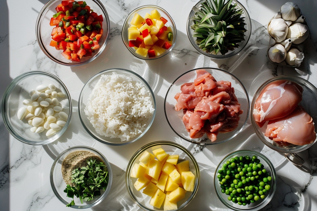 Single white bowl with a close-up view of a plated serving featuring cubed grilled tofu glazed in a rich, sticky sauce, nestled alongside caramelized pineapple chunks atop a bed of fluffy white rice. The tofu pieces display a slightly charred, crispy exterior with a tender, moist interior, glistening under soft natural light. Bright green scallion garnishes scatter delicately for contrast, all presented on a white marble surface, capturing the savory-sweet textures and inviting warmth, styled in a gourmet, elegant manner. REALISTIC STYLE IMAGE| TAGS: High-end food photography, clean composition, dramatic lighting, luxurious, elegant, mouth-watering, indulgent, gourmet | CAMERA: Nikon Z7 | FOCAL LENGTH: 50mm | SHOT TYPE: Close-up | COMPOSITION: 3/4 angle | LIGHTING: Soft directional light | PRODUCTION: Food Stylist | TIME: Daytime I LOCATION TYPE: Kitchen near windows --stylize 150 --ar 4:5