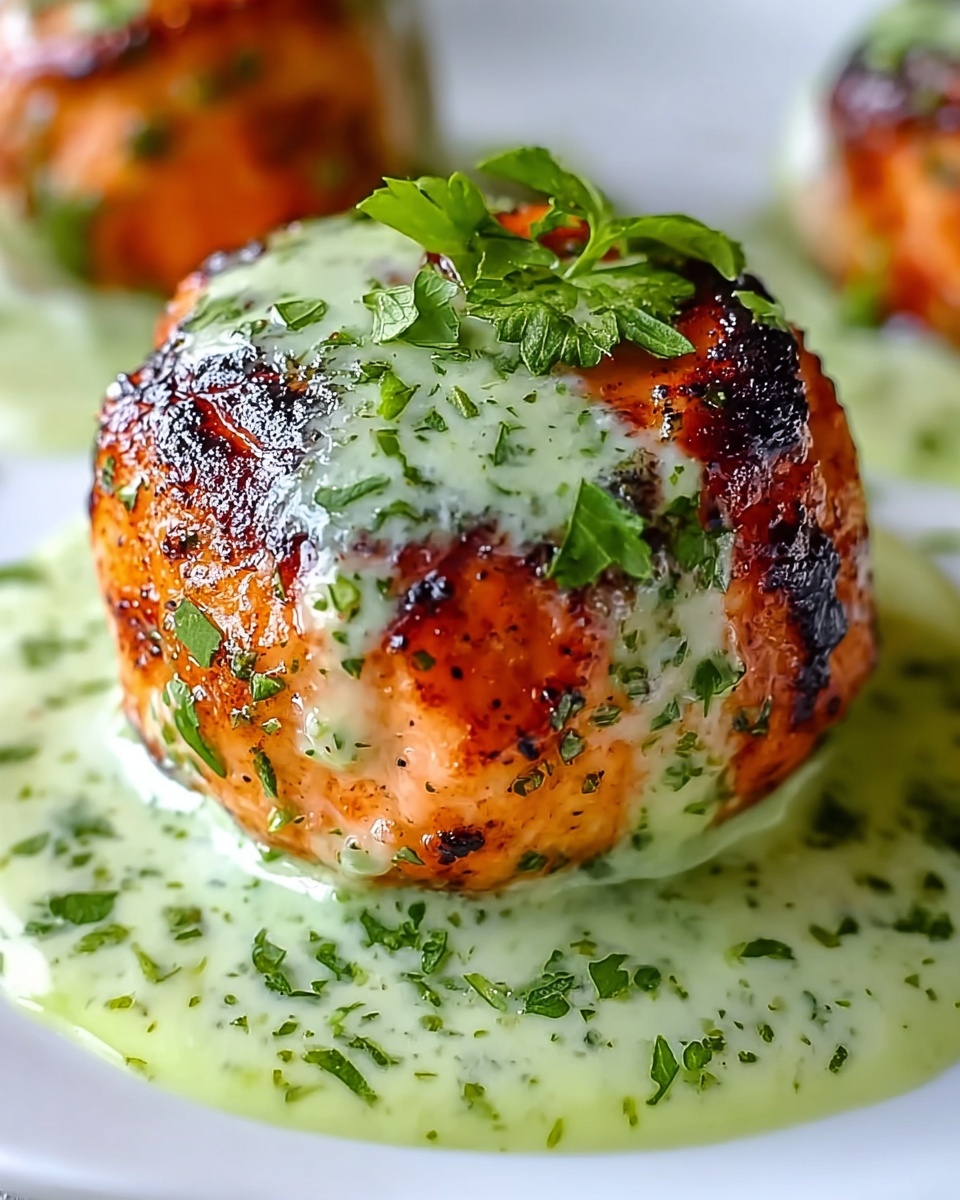 A large white oval ceramic serving tray filled with multiple perfectly grilled salmon patties, each evenly golden-brown and speckled with fresh green herbs, generously drizzled with vibrant, creamy cilantro-lime sauce that pools elegantly around them, showcasing the whole dish without any portions missing, photographed with natural soft directional light on a pristine white marble kitchen countertop, styled for a high-end food magazine hero shot, emphasizing texture and color contrast in a luxurious and mouth-watering presentation. REALISTIC STYLE IMAGE| TAGS: High-end food photography, clean composition, dramatic lighting, luxurious, elegant, mouth-watering, indulgent, gourmet | CAMERA: Nikon Z7 | FOCAL LENGTH: 50mm | SHOT TYPE: Close-up | COMPOSITION: 3/4 angle | LIGHTING: Soft directional light | PRODUCTION: Food Stylist | TIME: Daytime I LOCATION TYPE: Kitchen near windows --stylize 150 --ar 4:5