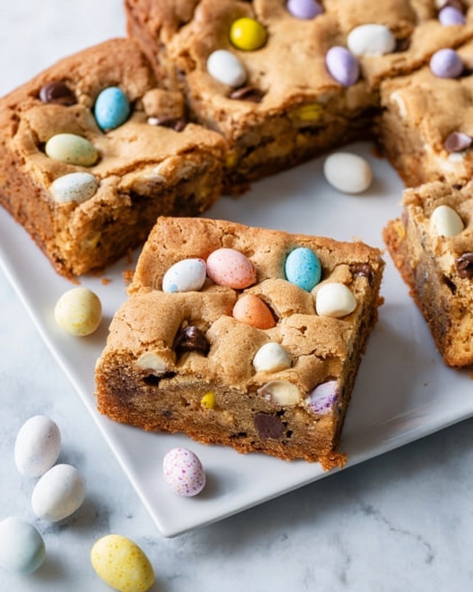 Whole square white ceramic baking dish filled with a large, freshly baked, golden-brown cookie bar studded generously with colorful pastel candy-coated chocolate eggs, set on a piece of white parchment paper. The cookie’s edges are perfectly risen and slightly crisp, showcasing a chewy, indulgent texture throughout with visible chocolate chunks interspersed among vibrant candy shells. The entire dish is captured in a professional 3/4 angle shot on a clean white marble kitchen countertop, illuminated by soft natural light pouring through nearby windows, evoking a warm, inviting atmosphere like a gourmet food magazine hero shot. REALISTIC STYLE IMAGE| TAGS: High-end food photography, clean composition, dramatic lighting, luxurious, elegant, mouth-watering, indulgent, gourmet | CAMERA: Nikon Z7 | FOCAL LENGTH: 50mm | SHOT TYPE: Close-up | COMPOSITION: 3/4 angle | LIGHTING: Soft directional light | PRODUCTION: Food Stylist | TIME: Daytime I LOCATION TYPE: Kitchen near windows --stylize 150 --ar 4:5