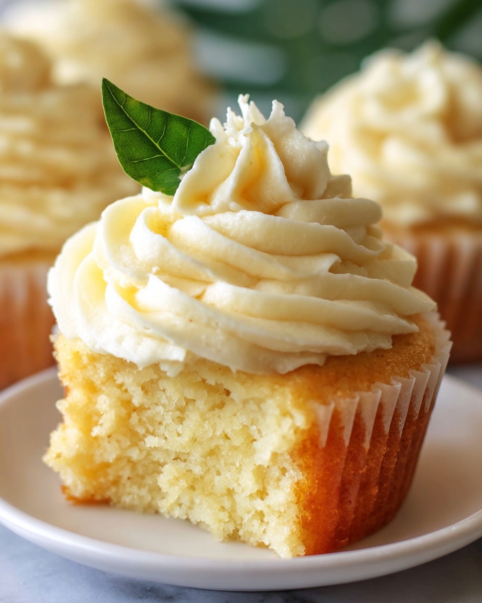 A pristine white ceramic serving tray filled with a dozen beautifully frosted pineapple cupcakes, each topped with smooth, swirled pale yellow buttercream and garnished with a delicate green tropical leaf edible decoration, arranged neatly on a white marble kitchen countertop with natural daylight softly illuminating the entire display, showcasing the vibrant, fresh pineapple fruit accents in the background, styled as a high-end gourmet food magazine hero shot. REALISTIC STYLE IMAGE| TAGS: High-end food photography, clean composition, dramatic lighting, luxurious, elegant, mouth-watering, indulgent, gourmet | CAMERA: Nikon Z7 | FOCAL LENGTH: 50mm | SHOT TYPE: Close-up | COMPOSITION: 3/4 angle | LIGHTING: Soft directional light | PRODUCTION: Food Stylist | TIME: Daytime I LOCATION TYPE: Kitchen near windows --stylize 150 --ar 4:5
