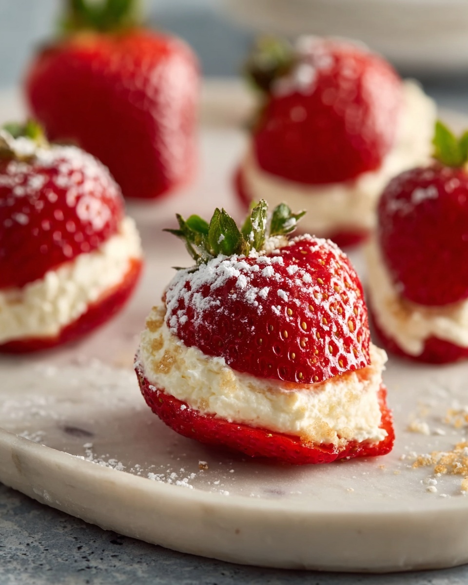 Cheesecake Deviled Strawberries Recipe 6 Large white oval ceramic serving tray filled with a neat bunch of stuffed strawberries, each berry halved and generously filled with creamy whipped cheese, topped with the original strawberry caps, and sprinkled lightly with crushed nuts or graham cracker crumbs, presented on a white marble countertop under natural soft directional daylight that highlights the fresh red strawberries and creamy filling, styled expertly for a glossy, mouth-watering gourmet food magazine hero shot, entire arrangement fully visible in frame. REALISTIC STYLE IMAGE| TAGS: High-end food photography, clean composition, dramatic lighting, luxurious, elegant, mouth-watering, indulgent, gourmet | CAMERA: Nikon Z7 | FOCAL LENGTH: 50mm | SHOT TYPE: Close-up | COMPOSITION: 3/4 angle | LIGHTING: Soft directional light | PRODUCTION: Food Stylist | TIME: Daytime I LOCATION TYPE: Kitchen near windows --stylize 150 --ar 4:5