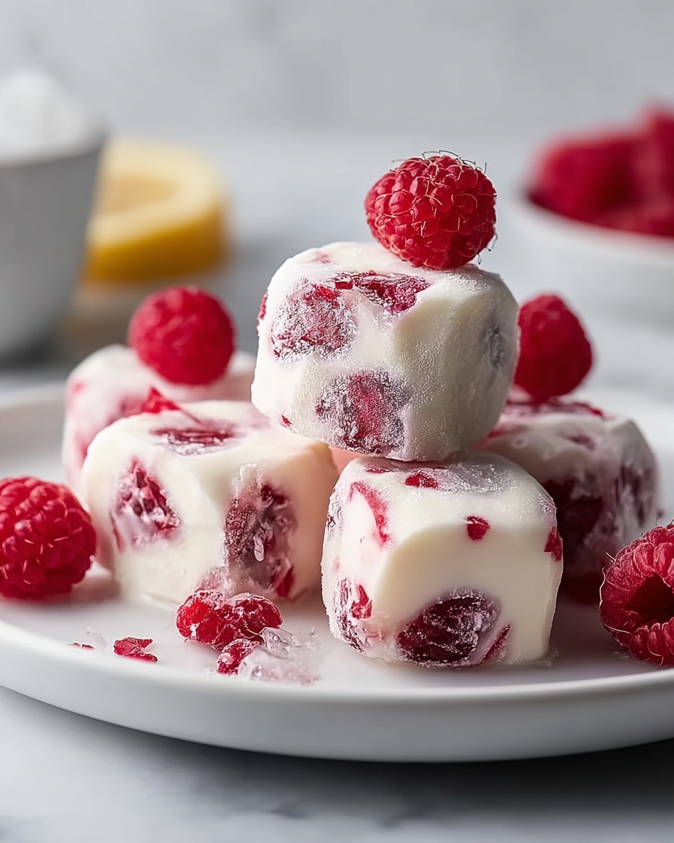 Large white oval ceramic serving tray filled with a generous pile of frozen yogurt bites studded with pieces of bright red raspberries, surrounded and topped with whole frozen raspberries for a vibrant and refreshing presentation, all photographed with professional food styling on a white marble kitchen countertop under soft natural daylight, capturing the cool texture and rich colors vividly, set up like a high-end food magazine hero shot, emphasizing elegance and indulgence. REALISTIC STYLE IMAGE| TAGS: High-end food photography, clean composition, dramatic lighting, luxurious, elegant, mouth-watering, indulgent, gourmet | CAMERA: Nikon Z7 | FOCAL LENGTH: 50mm | SHOT TYPE: Close-up | COMPOSITION: 3/4 angle | LIGHTING: Soft directional light | PRODUCTION: Food Stylist | TIME: Daytime I LOCATION TYPE: Kitchen near windows --stylize 150 --ar 4:5