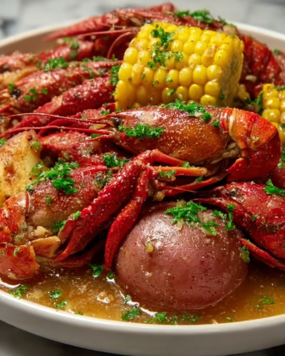 A large white ceramic serving bowl filled with a complete, abundant crawfish boil featuring a vibrant assortment of whole crawfish, tender red potatoes, and bright yellow corn on the cob chunks, all generously coated in seasoned broth and garnished with fresh chopped parsley. The entire dish is presented in a rustic, overflowing style, capturing the rich textures and colors of the seafood feast, displayed on a pristine white marble kitchen countertop. This hero shot is taken from a 3/4 angle under soft natural daylight streaming near kitchen windows, showcasing the mouth-watering indulgence of the dish in a luxurious and elegant high-end food photography style. REALISTIC STYLE IMAGE| TAGS: High-end food photography, clean composition, dramatic lighting, luxurious, elegant, mouth-watering, indulgent, gourmet | CAMERA: Nikon Z7 | FOCAL LENGTH: 50mm | SHOT TYPE: Close-up | COMPOSITION: 3/4 angle | LIGHTING: Soft directional light | PRODUCTION: Food Stylist | TIME: Daytime I LOCATION TYPE: Kitchen near windows --stylize 150 --ar 4:5