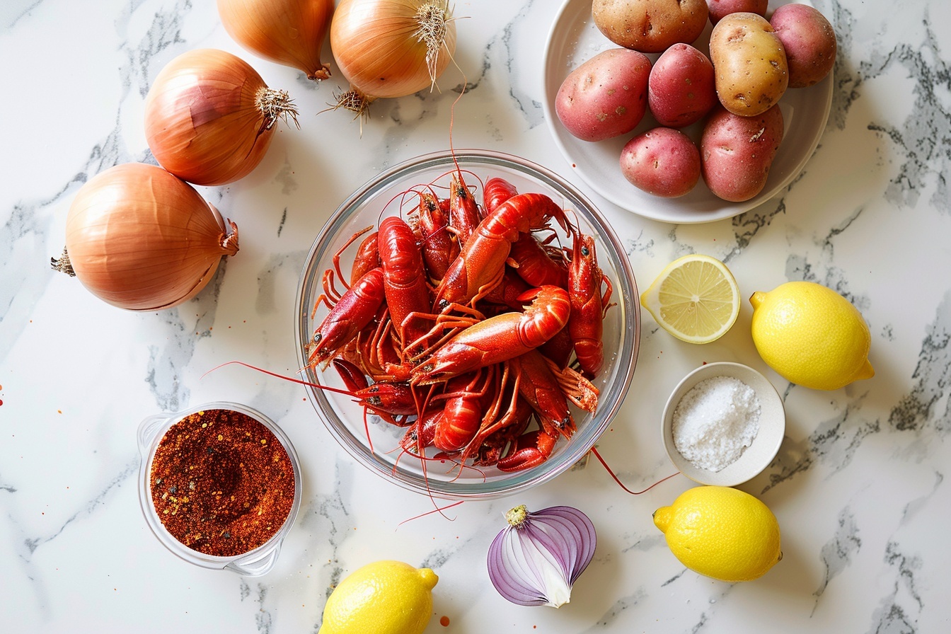 A single white plate featuring one lavishly plated portion of crawfish boil, showcasing a generous cluster of bright red crawfish nestled next to a halved, vibrant yellow corn on the cob and a whole red potato, all glistening with buttery, seasoned sauce. The close-up 3/4 angle shot highlights the juicy texture of the crawfish shells and reveals the tender meat inside with fresh chopped parsley sprinkled on top for garnish. The plate rests on a white marble surface, illuminated by soft directional natural light, evoking a gourmet, indulgent seafood feast ready to enjoy. REALISTIC STYLE IMAGE| TAGS: High-end food photography, clean composition, dramatic lighting, luxurious, elegant, mouth-watering, indulgent, gourmet | CAMERA: Nikon Z7 | FOCAL LENGTH: 50mm | SHOT TYPE: Close-up | COMPOSITION: 3/4 angle | LIGHTING: Soft directional light | PRODUCTION: Food Stylist | TIME: Daytime I LOCATION TYPE: Kitchen near windows --stylize 150  --ar 4:5