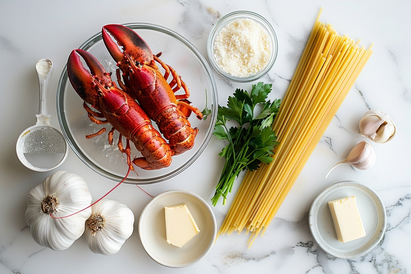 Single white plate with a generous portion of creamy lobster linguine pasta, close-up angled shot showcasing al dente linguine noodles coated in rich, velvety white sauce, topped with succulent chunks of lobster meat, sprinkled with freshly cracked black pepper and finely chopped parsley, steam rising softly, placed on a white marble surface, styled as a gourmet plated serving perfect for one, illuminated by soft natural daylight from a kitchen window, revealing the creamy sauce texture and tender lobster pieces in mouth-watering detail. REALISTIC STYLE IMAGE| TAGS: High-end food photography, clean composition, dramatic lighting, luxurious, elegant, mouth-watering, indulgent, gourmet | CAMERA: Nikon Z7 | FOCAL LENGTH: 50mm | SHOT TYPE: Close-up | COMPOSITION: 3/4 angle | LIGHTING: Soft directional light | PRODUCTION: Food Stylist | TIME: Daytime I LOCATION TYPE: Kitchen near windows --stylize 150  --ar 4:5