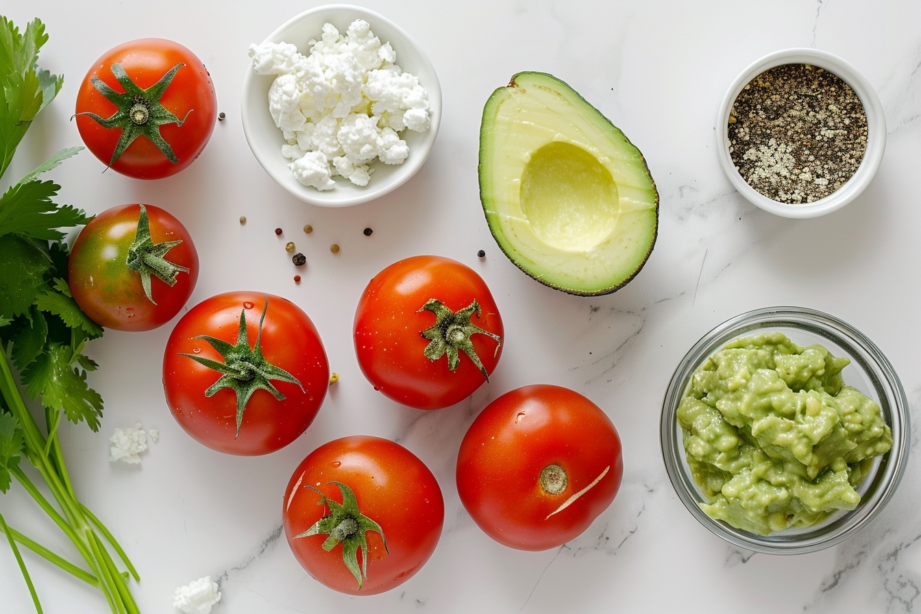 Single white plate with one vibrant tomato slice topped generously with creamy guacamole mixed with finely chopped red onions and fresh cilantro, sprinkled with crumbled white cheese, close-up angled shot showcasing the vivid colors and textures of the juicy tomato base and smooth avocado filling, bright natural light emphasizing freshness, white marble background, styled as a ready-to-eat elegant appetizer portion from a food blog, emphasizing the layers and garnishes in detail. REALISTIC STYLE IMAGE| TAGS: High-end food photography, clean composition, dramatic lighting, luxurious, elegant, mouth-watering, indulgent, gourmet | CAMERA: Nikon Z7 | FOCAL LENGTH: 50mm | SHOT TYPE: Close-up | COMPOSITION: 3/4 angle | LIGHTING: Soft directional light | PRODUCTION: Food Stylist | TIME: Daytime I LOCATION TYPE: Kitchen near windows --stylize 150  --ar 4:5