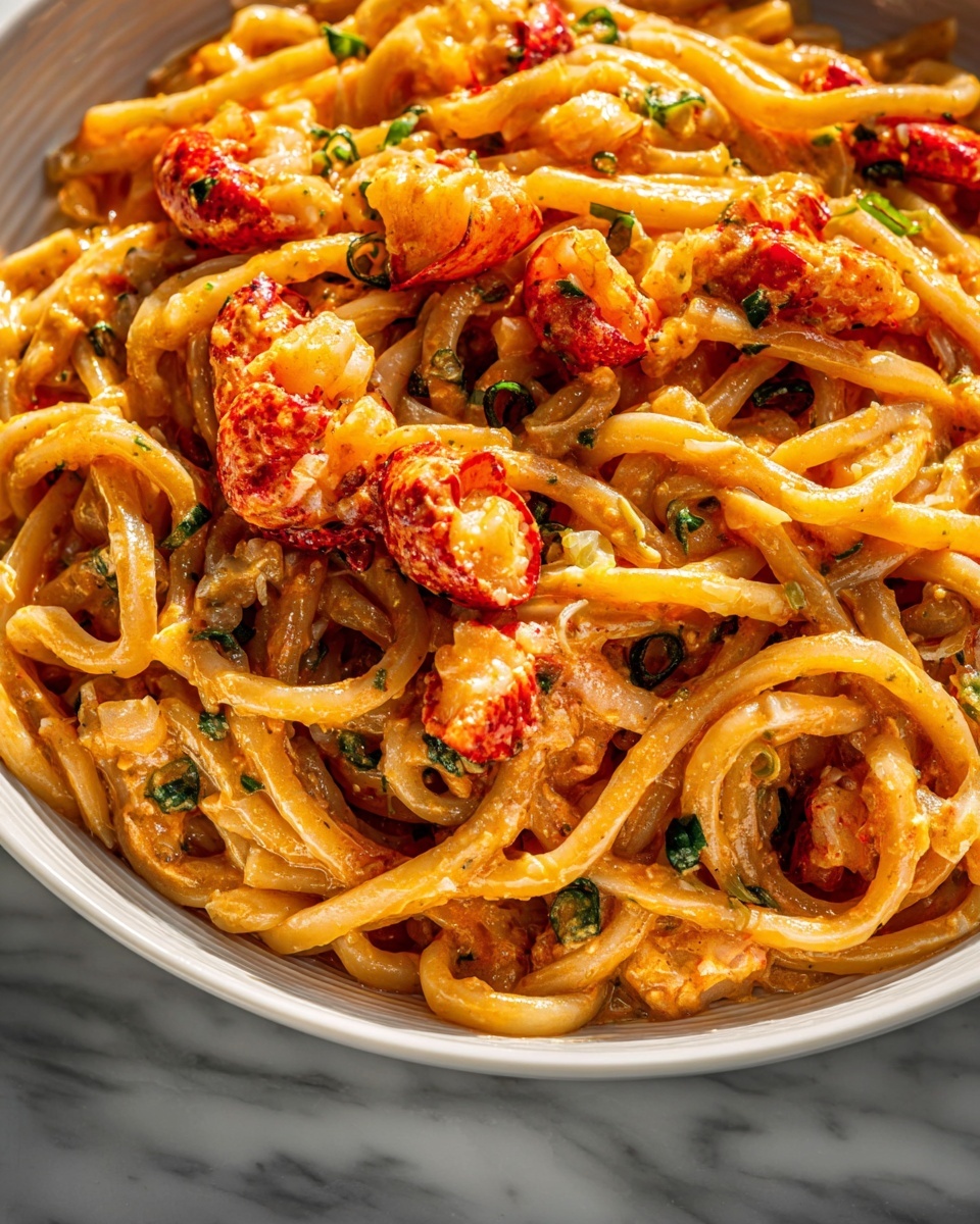 Large white saucepan filled with creamy, rich lobster pasta, featuring perfectly cooked bucatini noodles intertwined with generous chunks of succulent lobster meat, garnished with finely chopped chives, all covered in a luscious, velvety sauce, presented whole in the pan on a white marble kitchen countertop, shot from a 3/4 angle with natural daylight streaming in, styled to highlight the indulgent seafood comfort food experience, REALISTIC STYLE IMAGE| TAGS: High-end food photography, clean composition, dramatic lighting, luxurious, elegant, mouth-watering, indulgent, gourmet | CAMERA: Nikon Z7 | FOCAL LENGTH: 50mm | SHOT TYPE: Close-up | COMPOSITION: 3/4 angle | LIGHTING: Soft directional light | PRODUCTION: Food Stylist | TIME: Daytime I LOCATION TYPE: Kitchen near windows --stylize 150 --ar 4:5