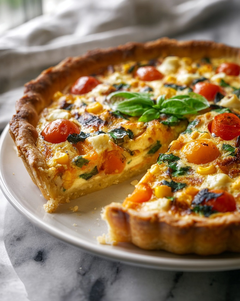 A whole golden-brown quiche baked in a round tart pan, filled with perfectly cooked bites of yellow squash, halved cherry tomatoes, and fresh green basil leaves, all nestled in a creamy cheese custard, resting on a white marble kitchen countertop. The quiche crust is flaky and slightly crimped, capturing a rustic yet elegant home-style presentation, shot from a 3/4 angle to emphasize the full dish and its vibrant colors, with soft natural light enhancing the textures and freshness, styled by a professional food stylist for an inviting gourmet look. REALISTIC STYLE IMAGE| TAGS: High-end food photography, clean composition, dramatic lighting, luxurious, elegant, mouth-watering, indulgent, gourmet | CAMERA: Nikon Z7 | FOCAL LENGTH: 50mm | SHOT TYPE: Close-up | COMPOSITION: 3/4 angle | LIGHTING: Soft directional light | PRODUCTION: Food Stylist | TIME: Daytime I LOCATION TYPE: Kitchen near windows --stylize 150 --ar 4:5