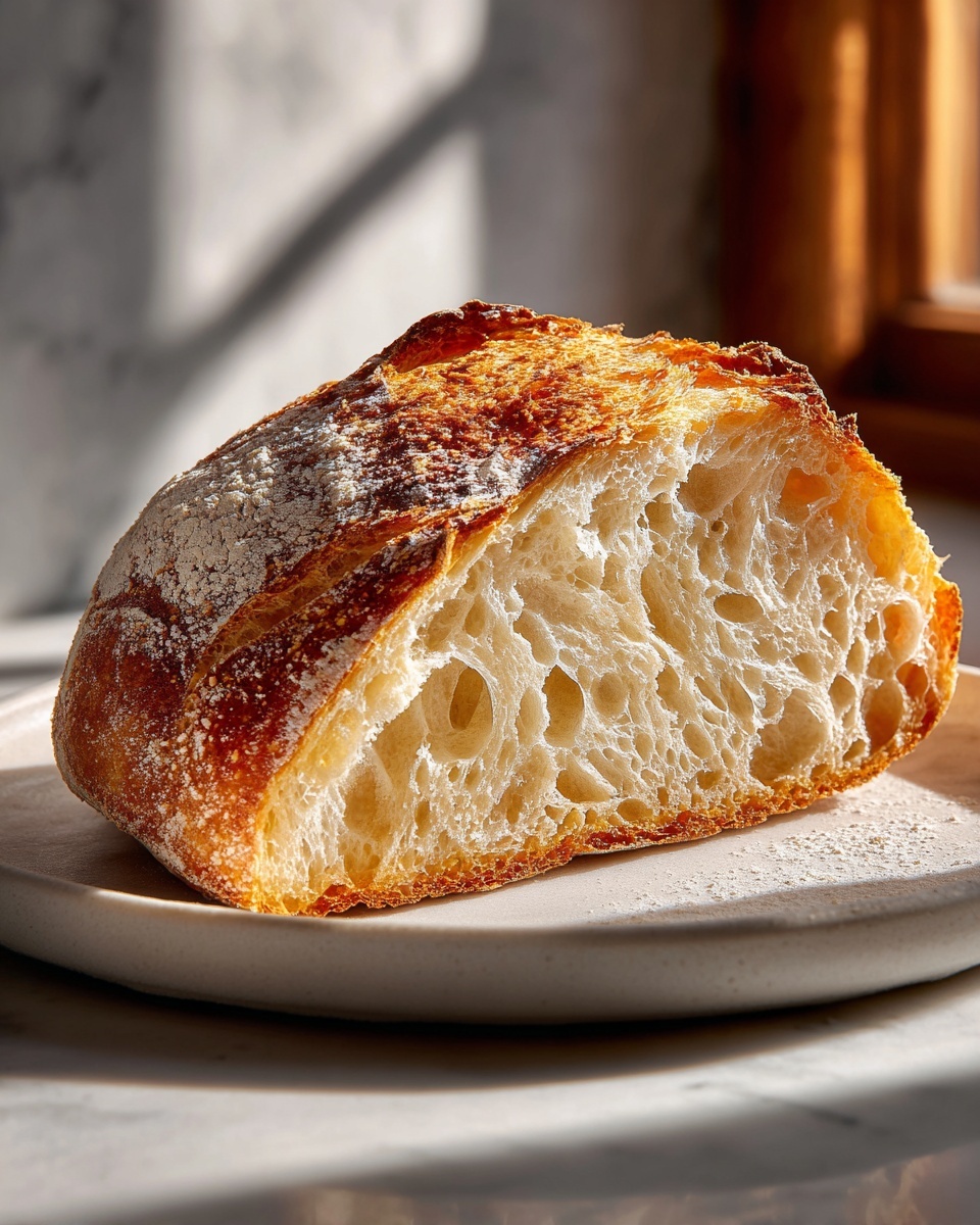 A rustic whole loaf of artisan sourdough bread resting on a white ceramic plate, the crust golden and crispy with a light dusting of flour, the loaf round and tall showcasing beautiful natural cracks revealing the airy, chewy crumb inside, presented as a full uncut bread loaf, photographed from a 3/4 angle atop a white marble kitchen countertop bathed in soft natural light, styled elegantly to emphasize the artisanal texture and inviting warmth of fresh-baked bread, capturing the essence of a gourmet bakery staple. REALISTIC STYLE IMAGE| TAGS: High-end food photography, clean composition, dramatic lighting, luxurious, elegant, mouth-watering, indulgent, gourmet | CAMERA: Nikon Z7 | FOCAL LENGTH: 50mm | SHOT TYPE: Close-up | COMPOSITION: 3/4 angle | LIGHTING: Soft directional light | PRODUCTION: Food Stylist | TIME: Daytime I LOCATION TYPE: Kitchen near windows --stylize 150 --ar 4:5