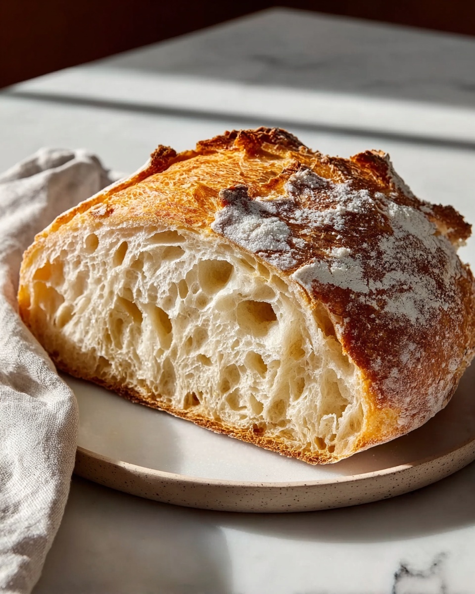 Large round loaf of rustic artisan sourdough bread with a golden-brown crust dusted with flour, showing its full uncut form resting on a beige linen cloth atop a wooden cutting board, captured from a three-quarter angle on a white marble kitchen surface with natural daylight enhancing the crisp texture and airy crumb inside, presented as a hero shot in a gourmet food magazine style, emphasizing its crispy exterior and light, fluffy interior, REALISTIC STYLE IMAGE| TAGS: High-end food photography, clean composition, dramatic lighting, luxurious, elegant, mouth-watering, indulgent, gourmet | CAMERA: Nikon Z7 | FOCAL LENGTH: 50mm | SHOT TYPE: Close-up | COMPOSITION: 3/4 angle | LIGHTING: Soft directional light | PRODUCTION: Food Stylist | TIME: Daytime I LOCATION TYPE: Kitchen near windows --stylize 150 --ar 4:5