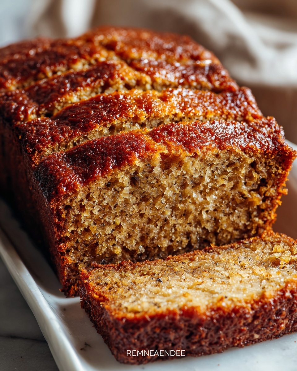 Full rectangular metal baking pan filled with a freshly baked, whole banana bread loaf, richly browned with a textured crust and moist interior visible through the loosely cracked top, sitting on a white marble kitchen countertop with soft natural daylight highlighting the golden tones, styled to emphasize the warm, rustic appeal of the entire uncut bread. REALISTIC STYLE IMAGE| TAGS: High-end food photography, clean composition, dramatic lighting, luxurious, elegant, mouth-watering, indulgent, gourmet | CAMERA: Nikon Z7 | FOCAL LENGTH: 50mm | SHOT TYPE: Close-up | COMPOSITION: 3/4 angle | LIGHTING: Soft directional light | PRODUCTION: Food Stylist | TIME: Daytime I LOCATION TYPE: Kitchen near windows --stylize 150 --ar 4:5