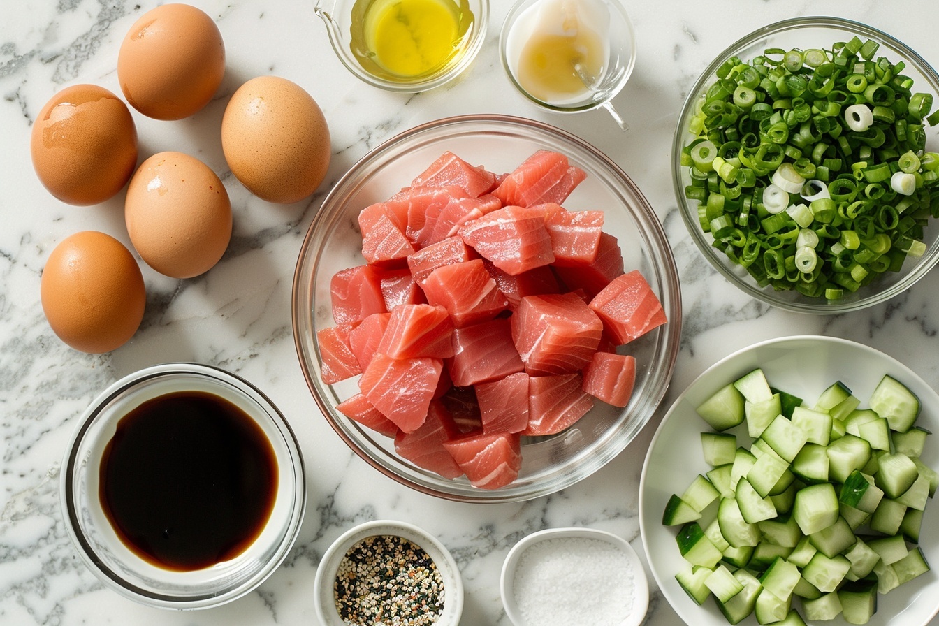 Single white plate with one plated portion of tuna poke tostada, featuring a crisp golden tortilla base topped with neatly arranged cubes of fresh deep red tuna and bright green avocado, drizzled with creamy spicy mayo, sprinkled with black sesame seeds and finely chopped scallions, finished with delicate pea shoots for freshness, close-up 3/4 angle revealing the texture of the tortilla and layers of toppings, set on a white marble background with natural daylight from a nearby window, styled elegantly for a food blog presentation, steam or condensation absent to emphasize freshness, realistic style image| TAGS: High-end food photography, clean composition, dramatic lighting, luxurious, elegant, mouth-watering, indulgent, gourmet | CAMERA: Nikon Z7 | FOCAL LENGTH: 50mm | SHOT TYPE: Close-up | COMPOSITION: 3/4 angle | LIGHTING: Soft directional light | PRODUCTION: Food Stylist | TIME: Daytime I LOCATION TYPE: Kitchen near windows --stylize 150 --ar 4:5