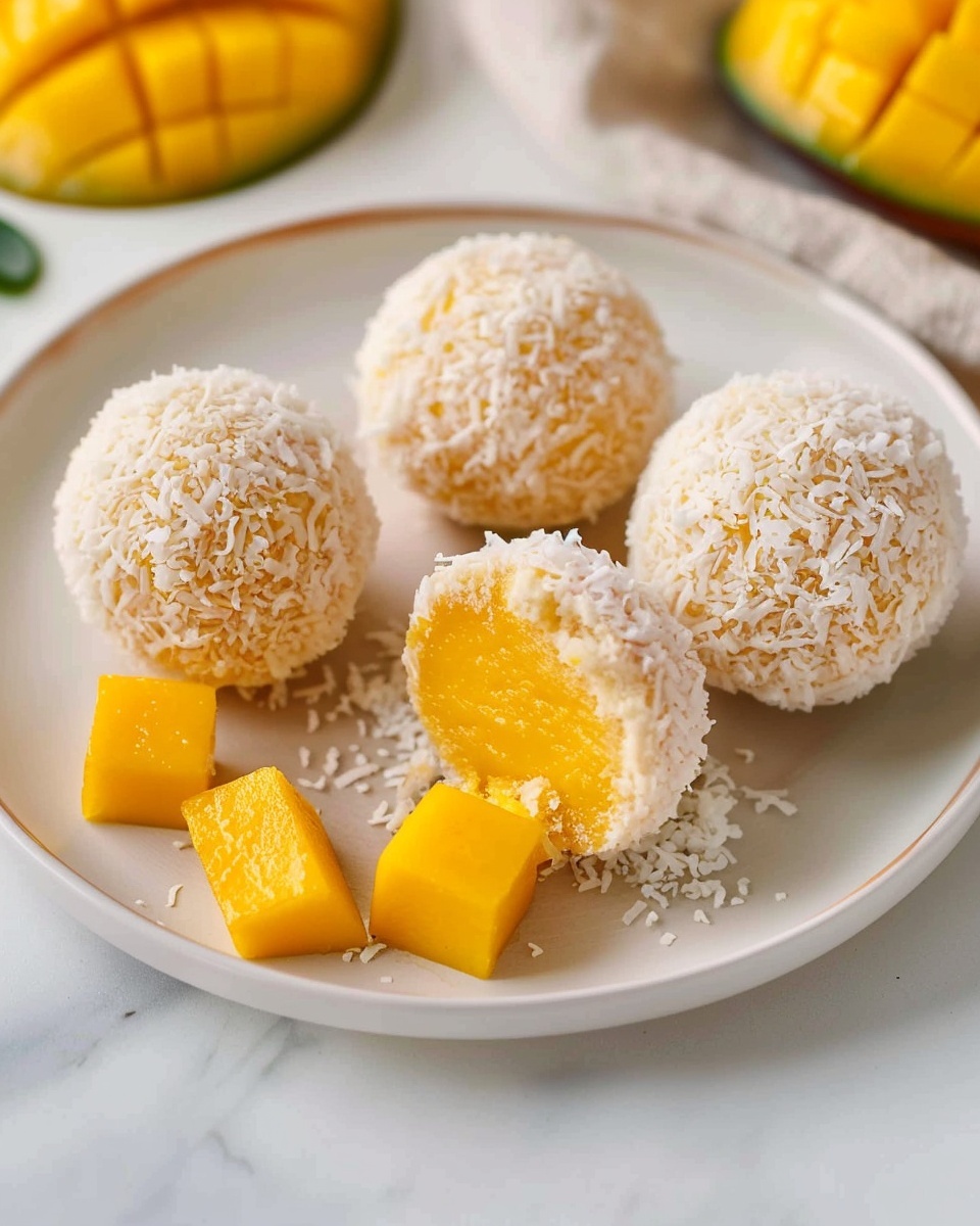 White oval ceramic serving tray filled with a generous arrangement of delicate round coconut-covered mango balls, each coated evenly in fine shredded coconut, showcasing their smooth, bright yellow mango filling beneath the white exterior, a few perfectly cubed mango pieces placed as garnish on the tray, the entire dish captured in a 3/4 angle close-up shot on a white marble kitchen countertop bathed in natural soft directional daylight, styled elegantly like a gourmet food magazine hero image, emphasizing texture and indulgence, pristine and inviting presentation. REALISTIC STYLE IMAGE | TAGS: High-end food photography, clean composition, dramatic lighting, luxurious, elegant, mouth-watering, indulgent, gourmet | CAMERA: Nikon Z7 | FOCAL LENGTH: 50mm | SHOT TYPE: Close-up | COMPOSITION: 3/4 angle | LIGHTING: Soft directional light | PRODUCTION: Food Stylist | TIME: Daytime | LOCATION TYPE: Kitchen near windows --stylize 150 --ar 4:5