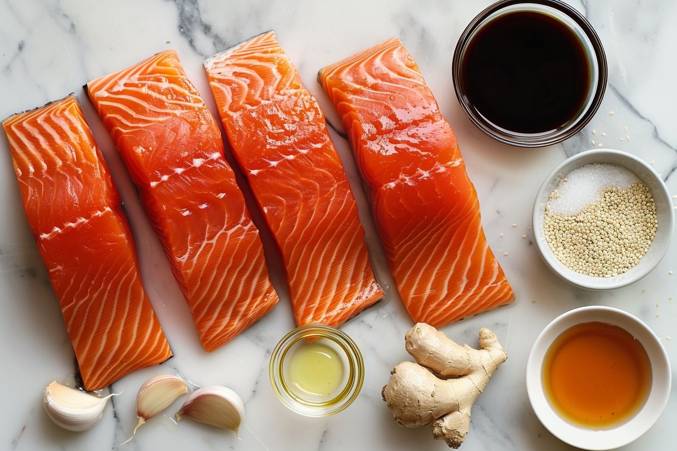 A single white plate with one perfectly cooked salmon fillet glazed in a shiny, caramelized honey soy sauce, showing the flaky, tender layers of the fish inside. The fillet is garnished with finely chopped green onions scattered on top for a fresh contrast, accompanied by a small side of bright green steamed broccolini arranged neatly beside the salmon. The close-up shot captures the rich texture of the salmon’s surface and its moist interior, resting on a pristine white marble countertop, illuminated by soft natural light highlighting the vivid colors and glossy sauce. REALISTIC STYLE IMAGE| TAGS: High-end food photography, clean composition, dramatic lighting, luxurious, elegant, mouth-watering, indulgent, gourmet | CAMERA: Nikon Z7 | FOCAL LENGTH: 50mm | SHOT TYPE: Close-up | COMPOSITION: 3/4 angle | LIGHTING: Soft directional light | PRODUCTION: Food Stylist | TIME: Daytime I LOCATION TYPE: Kitchen near windows --stylize 150  --ar 4:5