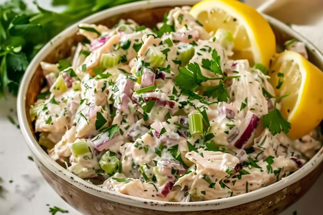 A large white bowl generously filled with creamy chicken salad mixed with diced red onions, celery, and fresh herbs, garnished with sprigs of parsley and lemon wedges on the side, representing the full serving ready for a gathering, shot from a 3/4 angle on a white marble kitchen counter with natural soft light highlighting the textures and colors, styled for a sophisticated, mouth-watering presentation that emphasizes freshness and indulgence. REALISTIC STYLE IMAGE| TAGS: High-end food photography, clean composition, dramatic lighting, luxurious, elegant, mouth-watering, indulgent, gourmet | CAMERA: Nikon Z7 | FOCAL LENGTH: 50mm | SHOT TYPE: Close-up | COMPOSITION: 3/4 angle | LIGHTING: Soft directional light | PRODUCTION: Food Stylist | TIME: Daytime I LOCATION TYPE: Kitchen near windows --stylize 150 --ar 4:5