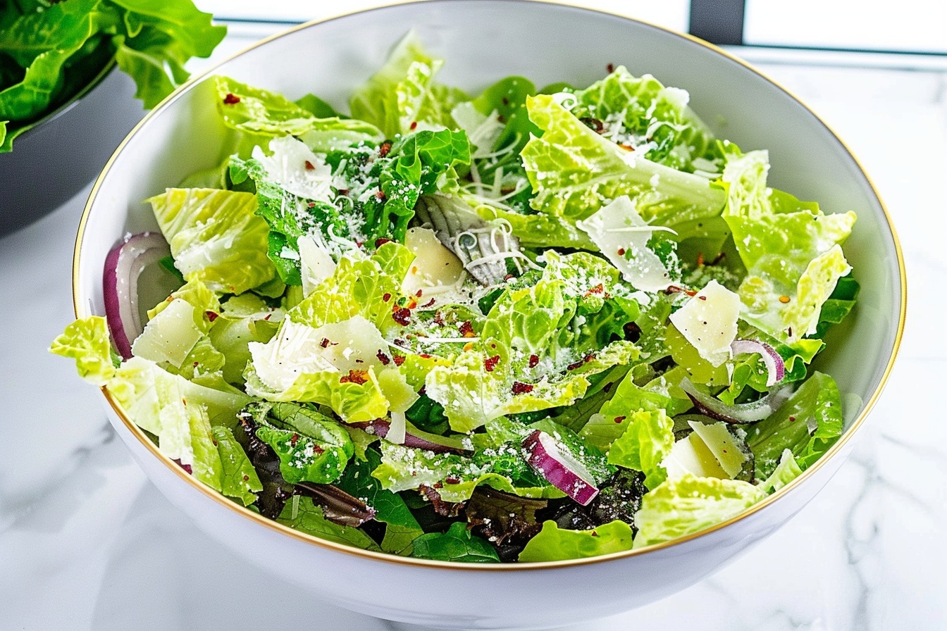Large white ceramic serving bowl filled with a vibrant, freshly tossed garden salad featuring an abundance of crisp romaine lettuce, thinly sliced red onions, and a generous sprinkle of grated Parmesan cheese, all delicately accented with flakes of red chili pepper. The salad is presented as a whole, unserved portion in a bright and airy kitchen setting on a white marble countertop, captured in a professional food photography style with natural soft daylight coming through windows, emphasizing the freshness and texture of the ingredients. REALISTIC STYLE IMAGE| TAGS: High-end food photography, clean composition, dramatic lighting, luxurious, elegant, mouth-watering, indulgent, gourmet | CAMERA: Nikon Z7 | FOCAL LENGTH: 50mm | SHOT TYPE: Close-up | COMPOSITION: 3/4 angle | LIGHTING: Soft directional light | PRODUCTION: Food Stylist | TIME: Daytime I LOCATION TYPE: Kitchen near windows --stylize 150 --ar 4:5