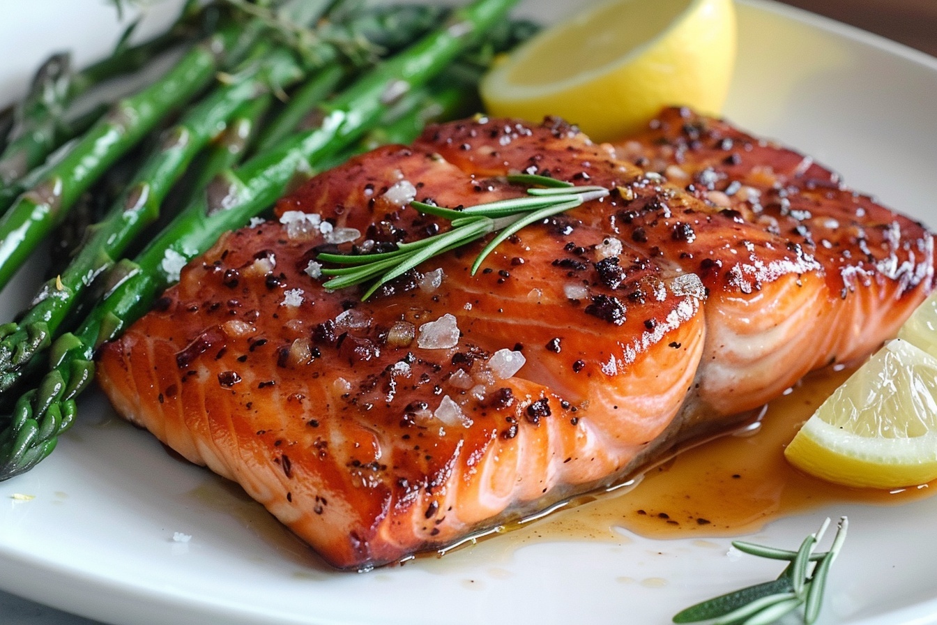 A large white rectangular serving platter showcasing a full tray of perfectly seared salmon fillets, their surfaces beautifully caramelized with cracked peppercorns and coarse sea salt glistening under soft natural light. The fillets are arranged in neat rows alongside vibrant green grilled asparagus spears, all presented on a pristine white marble countertop. The dish exudes a fresh, gourmet appeal, styled meticulously by a professional food stylist, capturing a luxurious and mouth-watering essence in a close-up 3/4 angle shot. REALISTIC STYLE IMAGE| TAGS: High-end food photography, clean composition, dramatic lighting, luxurious, elegant, mouth-watering, indulgent, gourmet | CAMERA: Nikon Z7 | FOCAL LENGTH: 50mm | SHOT TYPE: Close-up | COMPOSITION: 3/4 angle | LIGHTING: Soft directional light | PRODUCTION: Food Stylist | TIME: Daytime I LOCATION TYPE: Kitchen near windows --stylize 150 --ar 4:5