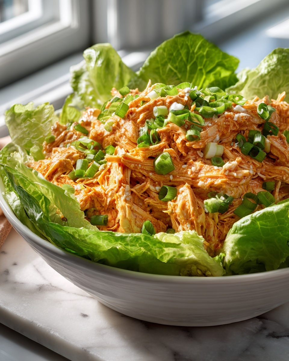 Large white ceramic serving bowl filled with a generous portion of creamy buffalo shredded chicken, layered over fresh crisp iceberg lettuce leaves, garnished with chopped green onions, whole dish showcased in a natural light kitchen setting with a white marble countertop, styled for an indulgent and gourmet presentation, photographed from a 3/4 angle for a mouth-watering hero shot. REALISTIC STYLE IMAGE| TAGS: High-end food photography, clean composition, dramatic lighting, luxurious, elegant, mouth-watering, indulgent, gourmet | CAMERA: Nikon Z7 | FOCAL LENGTH: 50mm | SHOT TYPE: Close-up | COMPOSITION: 3/4 angle | LIGHTING: Soft directional light | PRODUCTION: Food Stylist | TIME: Daytime I LOCATION TYPE: Kitchen near windows --stylize 150 --ar 4:5