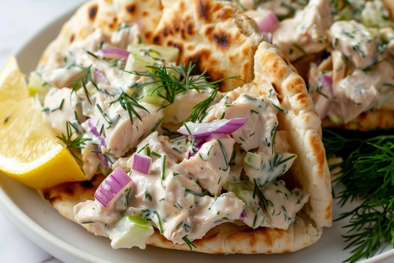 A large white oval ceramic serving tray elegantly presenting a generous bunch of freshly baked pita pockets stuffed with creamy chicken salad made with diced chicken, finely chopped red onions, and fresh dill, arranged neatly with lemon wedges on the side for a fresh zest. The dish is shot from a 3/4 angle, set on a white marble kitchen countertop with soft natural lighting highlighting the textures and colors, styled to emphasize its inviting and hearty appeal in a high-end gourmet food magazine style. REALISTIC STYLE IMAGE| TAGS: High-end food photography, clean composition, dramatic lighting, luxurious, elegant, mouth-watering, indulgent, gourmet | CAMERA: Nikon Z7 | FOCAL LENGTH: 50mm | SHOT TYPE: Close-up | COMPOSITION: 3/4 angle | LIGHTING: Soft directional light | PRODUCTION: Food Stylist | TIME: Daytime I LOCATION TYPE: Kitchen near windows --stylize 150 --ar 4:5