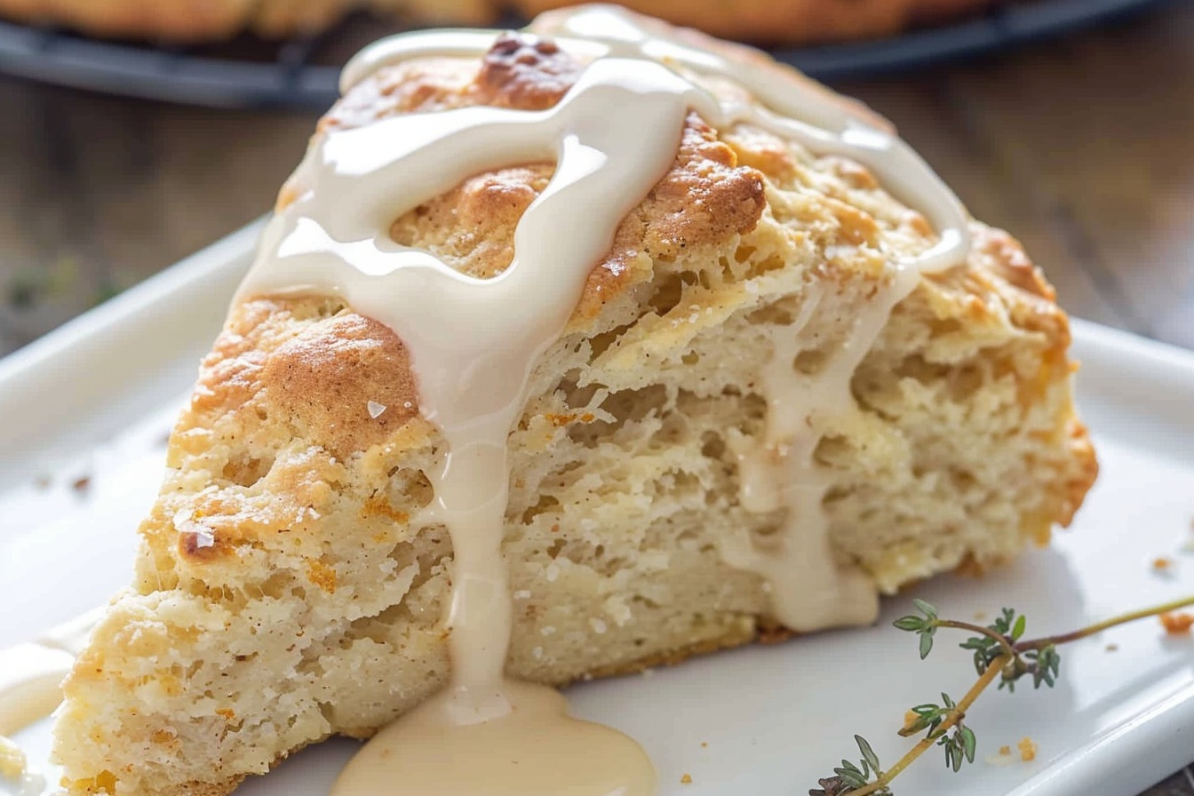 Large white oval ceramic serving tray filled with a neatly arranged assortment of freshly baked scones featuring a golden-brown crust, generously drizzled with creamy white icing glaze that cascades enticingly over the edges, each scone rustic and plump with visible hints of texture, shot from a 3/4 angle showcasing the entire tray on a pristine white marble kitchen countertop illuminated by soft natural daylight filtering through nearby windows, styled for an elegant and inviting gourmet presentation. REALISTIC STYLE IMAGE| TAGS: High-end food photography, clean composition, dramatic lighting, luxurious, elegant, mouth-watering, indulgent, gourmet | CAMERA: Nikon Z7 | FOCAL LENGTH: 50mm | SHOT TYPE: Close-up | COMPOSITION: 3/4 angle | LIGHTING: Soft directional light | PRODUCTION: Food Stylist | TIME: Daytime I LOCATION TYPE: Kitchen near windows --stylize 150 --ar 4:5