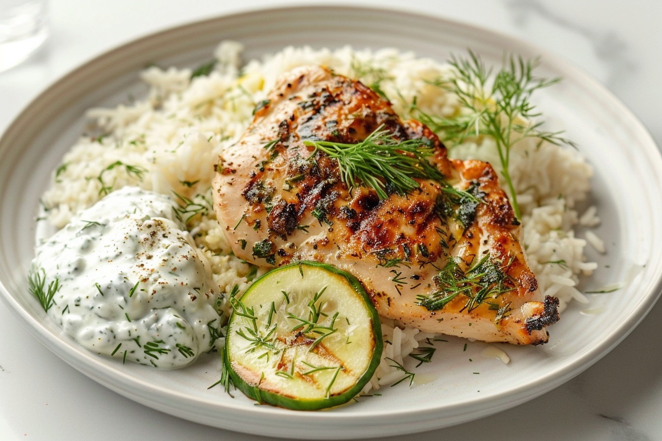 A large white ceramic serving dish filled with multiple golden-brown grilled chicken thighs seasoned with herbs and spices, arranged over a bed of fluffy white rice mixed with fresh diced cucumber pieces, topped with a generous dollop of creamy tzatziki sauce garnished with sprigs of fresh dill and a couple of lemon slices for brightness, presented on a white marble kitchen countertop with natural soft directional daylight illuminating the dish from the side, styled for a luxurious and mouth-watering gourmet presentation. REALISTIC STYLE IMAGE| TAGS: High-end food photography, clean composition, dramatic lighting, luxurious, elegant, mouth-watering, indulgent, gourmet | CAMERA: Nikon Z7 | FOCAL LENGTH: 50mm | SHOT TYPE: Close-up | COMPOSITION: 3/4 angle | LIGHTING: Soft directional light | PRODUCTION: Food Stylist | TIME: Daytime I LOCATION TYPE: Kitchen near windows --stylize 150 --ar 4:5