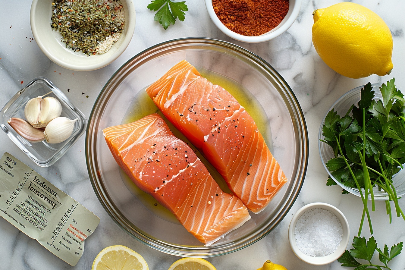 A single rectangular portion of perfectly seared salmon fillet presented on a pristine white plate, showcasing the tender, juicy interior texture through a slight cross-section reveal. The salmon's top is richly seasoned with a crust of black pepper and herbs, creating a lightly charred, flavorful crust contrasted with the moist, flaky layers inside. Garnished delicately with fresh parsley sprigs and accompanied by a thin wedge of lemon, all placed on a smooth white marble surface. The composition highlights an intimate close-up with soft natural directional light emphasizing the salmon’s glistening surface and succulent layers, styled elegantly for a gourmet food blog setting. REALISTIC STYLE IMAGE| TAGS: High-end food photography, clean composition, dramatic lighting, luxurious, elegant, mouth-watering, indulgent, gourmet | CAMERA: Nikon Z7 | FOCAL LENGTH: 50mm | SHOT TYPE: Close-up | COMPOSITION: 3/4 angle | LIGHTING: Soft directional light | PRODUCTION: Food Stylist | TIME: Daytime I LOCATION TYPE: Kitchen near windows --stylize 150 --ar 4:5