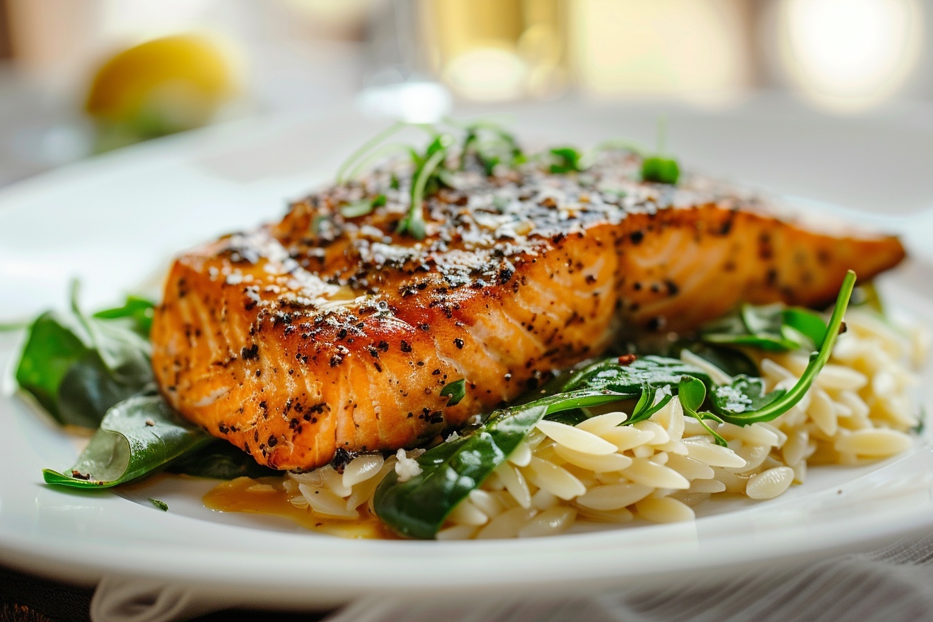 Large white skillet filled with four perfectly seared salmon fillets nestled atop a bed of creamy orzo pasta mixed with sautéed fresh spinach and finely grated parmesan, the whole dish glistening slightly with seasoning flecks of black pepper and red chili flakes, arranged for a full view showing the complete pan of vibrant, savory seafood pasta, photographed from a 3/4 angle on a white marble kitchen countertop with natural soft directional daylight illuminating the rich textures, styled professionally like a hero shot in a gourmet food magazine, REALISTIC STYLE IMAGE| TAGS: High-end food photography, clean composition, dramatic lighting, luxurious, elegant, mouth-watering, indulgent, gourmet | CAMERA: Nikon Z7 | FOCAL LENGTH: 50mm | SHOT TYPE: Close-up | COMPOSITION: 3/4 angle | LIGHTING: Soft directional light | PRODUCTION: Food Stylist | TIME: Daytime I LOCATION TYPE: Kitchen near windows --stylize 150 --ar 4:5