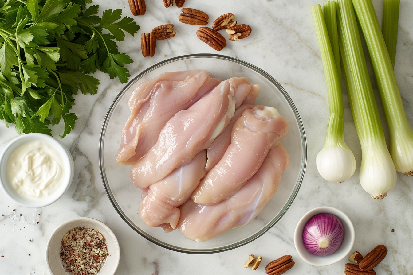 Single white plate with a generous portion of creamy chicken salad featuring visible chunks of tender chicken, diced celery, red onion, and fresh parsley, accented with crunchy pecans on top, close-up angled shot revealing the textured mix and layers of ingredients, placed on white marble surface, natural soft directional daylight highlighting the freshness and creaminess, styled in an elegant, mouth-watering food blog presentation, ready to enjoy. REALISTIC STYLE IMAGE| TAGS: High-end food photography, clean composition, dramatic lighting, luxurious, elegant, mouth-watering, indulgent, gourmet | CAMERA: Nikon Z7 | FOCAL LENGTH: 50mm | SHOT TYPE: Close-up | COMPOSITION: 3/4 angle | LIGHTING: Soft directional light | PRODUCTION: Food Stylist | TIME: Daytime I LOCATION TYPE: Kitchen near windows --stylize 150 --ar 4:5