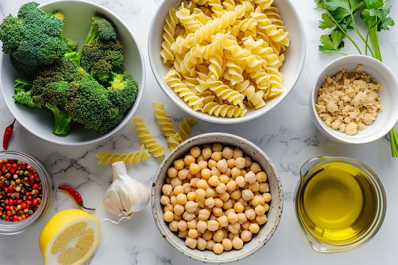 Broccoli Chickpea Pasta with Garlic Olive Oil Recipe 4 A large white ceramic bowl filled with a generous whole serving of creamy macaroni and cheese combined with perfectly cooked, vibrant green broccoli florets evenly distributed throughout. The dish showcases an uncut, complete portion with a rich, golden cheese sauce generously coating every piece of elbow macaroni, topped with a light sprinkle of grated parmesan and a touch of ground black pepper. This wholesome presentation captures the entire dish in a professional 3/4 angle shot, set on a pristine white marble kitchen countertop bathed in natural soft directional light, styled to highlight the indulgent, comforting appeal of the classic baked pasta and vibrant greens. REALISTIC STYLE IMAGE| TAGS: High-end food photography, clean composition, dramatic lighting, luxurious, elegant, mouth-watering, indulgent, gourmet | CAMERA: Nikon Z7 | FOCAL LENGTH: 50mm | SHOT TYPE: Close-up | COMPOSITION: 3/4 angle | LIGHTING: Soft directional light | PRODUCTION: Food Stylist | TIME: Daytime I LOCATION TYPE: Kitchen near windows --stylize 150 --ar 4:5