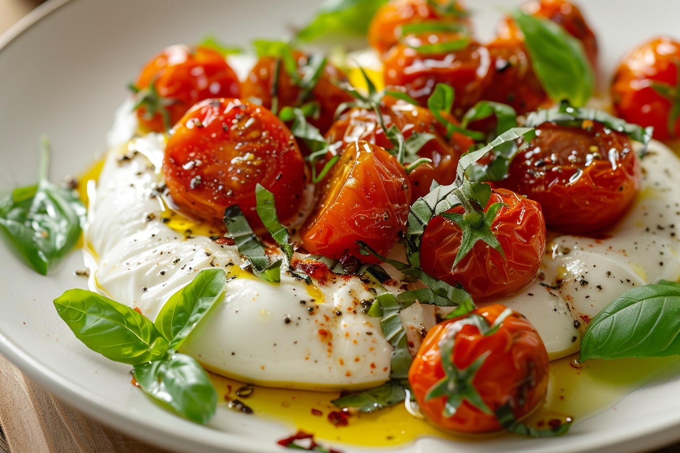 Large white shallow bowl filled with a generous whole burrata cheese surrounded by a vibrant medley of roasted cherry tomatoes in various shades of red and orange, lightly charred and glistening in herb-infused olive oil with finely chopped fresh basil scattered over the top, drizzled with rich, dark balsamic glaze enhancing the colors and textures, all presented as a full, uncut dish on a white marble countertop with soft natural daylight streaming through kitchen windows, styled by a professional food stylist to create a luxurious and indulgent gourmet food magazine hero shot, capturing every detail in a close-up 3/4 angle composition. REALISTIC STYLE IMAGE| TAGS: High-end food photography, clean composition, dramatic lighting, luxurious, elegant, mouth-watering, indulgent, gourmet | CAMERA: Nikon Z7 | FOCAL LENGTH: 50mm | SHOT TYPE: Close-up | COMPOSITION: 3/4 angle | LIGHTING: Soft directional light | PRODUCTION: Food Stylist | TIME: Daytime I LOCATION TYPE: Kitchen near windows --stylize 150 --ar 4:5