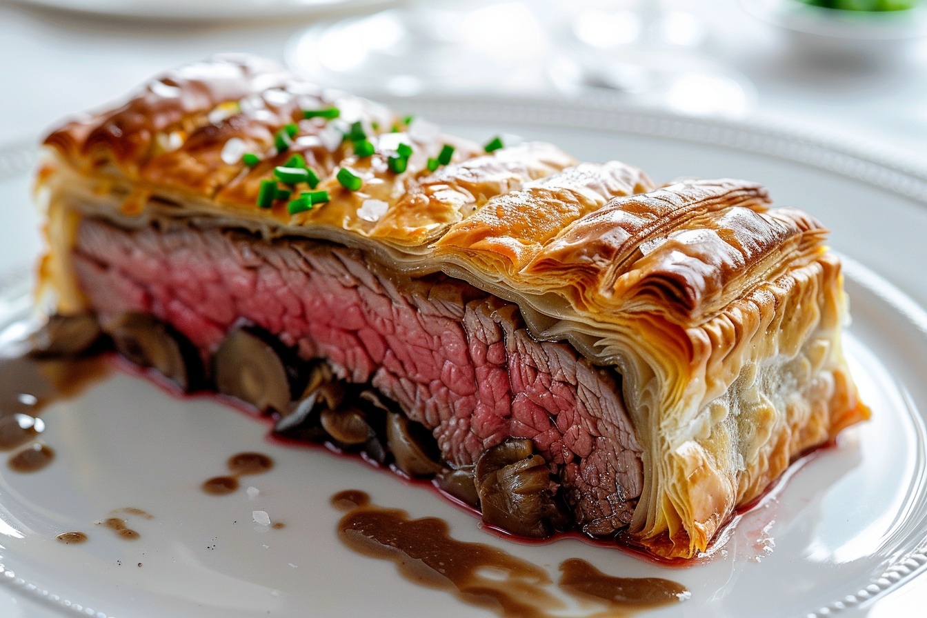 A whole Beef Wellington presented intact, showcasing the perfectly golden, glossy puff pastry crust, intricately baked to a flaky finish with a delicate lattice pattern on top. The classic centerpiece is arranged on a large white rectangular serving platter, accompanied by a small dish of vibrant green herb garnish on natural laminated wood. The background features a pristine white marble kitchen countertop under soft natural daylight filtering through kitchen windows, emphasizing the luxurious texture and rich colors of the beef and pastry with professional food styling and dramatic yet inviting lighting. REALISTIC STYLE IMAGE| TAGS: High-end food photography, clean composition, dramatic lighting, luxurious, elegant, mouth-watering, indulgent, gourmet | CAMERA: Nikon Z7 | FOCAL LENGTH: 50mm | SHOT TYPE: Close-up | COMPOSITION: 3/4 angle | LIGHTING: Soft directional light | PRODUCTION: Food Stylist | TIME: Daytime I LOCATION TYPE: Kitchen near windows --stylize 150 --ar 4:5