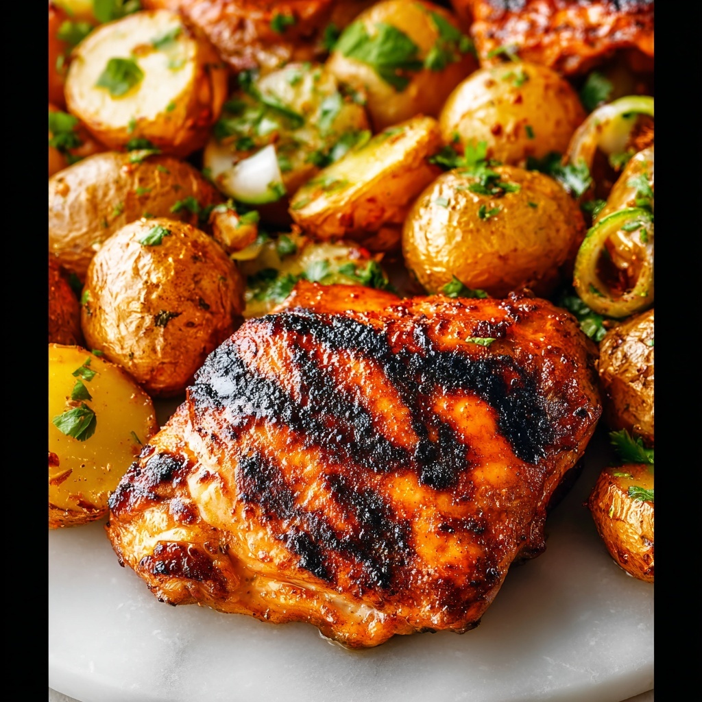 A large white rectangular baking dish filled with multiple perfectly grilled, golden-brown chicken thighs, featuring prominent char marks for a smoky, appetizing appearance. The chicken is nestled atop a bed of fresh leafy greens and surrounded by an abundant serving of roasted baby potatoes, halved and garnished with chopped herbs, creating a vibrant contrast of colors and textures. The dish is photographed at a 3/4 angle, capturing the entire pan with soft natural light on a clean white marble countertop in a bright kitchen setting, styled to showcase the rustic yet elegant presentation, emphasizing the juicy, tender qualities of the chicken and the crispy golden potatoes. REALISTIC STYLE IMAGE| TAGS: High-end food photography, clean composition, dramatic lighting, luxurious, elegant, mouth-watering, indulgent, gourmet | CAMERA: Nikon Z7 | FOCAL LENGTH: 50mm | SHOT TYPE: Close-up | COMPOSITION: 3/4 angle | LIGHTING: Soft directional light | PRODUCTION: Food Stylist | TIME: Daytime I LOCATION TYPE: Kitchen near windows --stylize 150 --ar 4:5