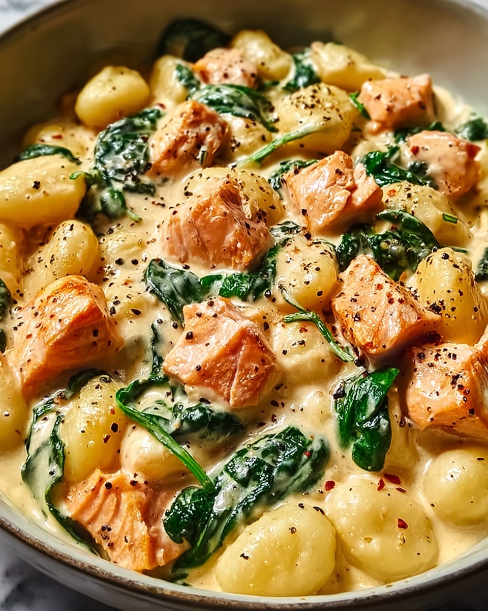 Large white ceramic serving bowl filled with creamy gnocchi pasta, tender salmon chunks, and fresh wilted spinach leaves, all coated in a rich, golden cream sauce sprinkled with cracked black pepper, presented as a plentiful, whole dish shot at 3/4 angle on a white marble kitchen countertop, illuminated by natural soft directional daylight, styled by a professional food stylist for a glossy, high-end magazine hero shot, evoking indulgence and gourmet appeal. REALISTIC STYLE IMAGE| TAGS: High-end food photography, clean composition, dramatic lighting, luxurious, elegant, mouth-watering, indulgent, gourmet | CAMERA: Nikon Z7 | FOCAL LENGTH: 50mm | SHOT TYPE: Close-up | COMPOSITION: 3/4 angle | LIGHTING: Soft directional light | PRODUCTION: Food Stylist | TIME: Daytime I LOCATION TYPE: Kitchen near windows --stylize 150 --ar 4:5