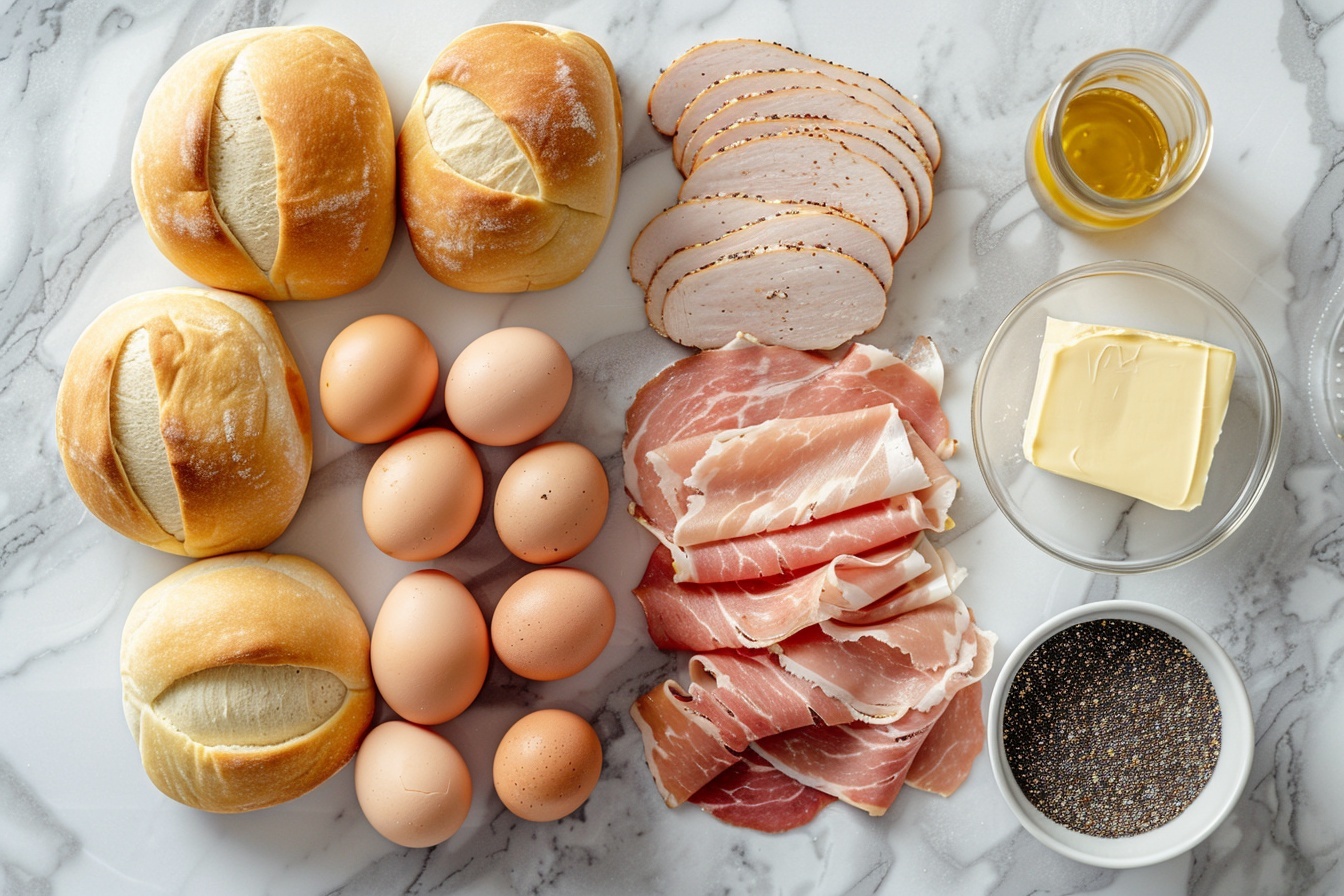 A large white rectangular ceramic serving platter filled with a full batch of golden, glossy mini sandwiches, each stuffed generously with layers of thinly sliced deli turkey, crispy bacon, melted cheddar cheese, and creamy coleslaw. The sandwiches are perfectly arranged in neat rows, showcasing their fluffy, shiny tops sprinkled with sesame and poppy seeds. The background features a pristine white marble countertop illuminated by soft natural daylight streaming through kitchen windows. This high-end food photography captures the entire ensemble in a luxurious, mouth-watering presentation, styled with elegance and attention to detail to highlight the richness and indulgence of this gourmet appetizer spread. REALISTIC STYLE IMAGE| TAGS: High-end food photography, clean composition, dramatic lighting, luxurious, elegant, mouth-watering, indulgent, gourmet | CAMERA: Nikon Z7 | FOCAL LENGTH: 50mm | SHOT TYPE: Close-up | COMPOSITION: 3/4 angle | LIGHTING: Soft directional light | PRODUCTION: Food Stylist | TIME: Daytime I LOCATION TYPE: Kitchen near windows --stylize 150 --ar 4:5