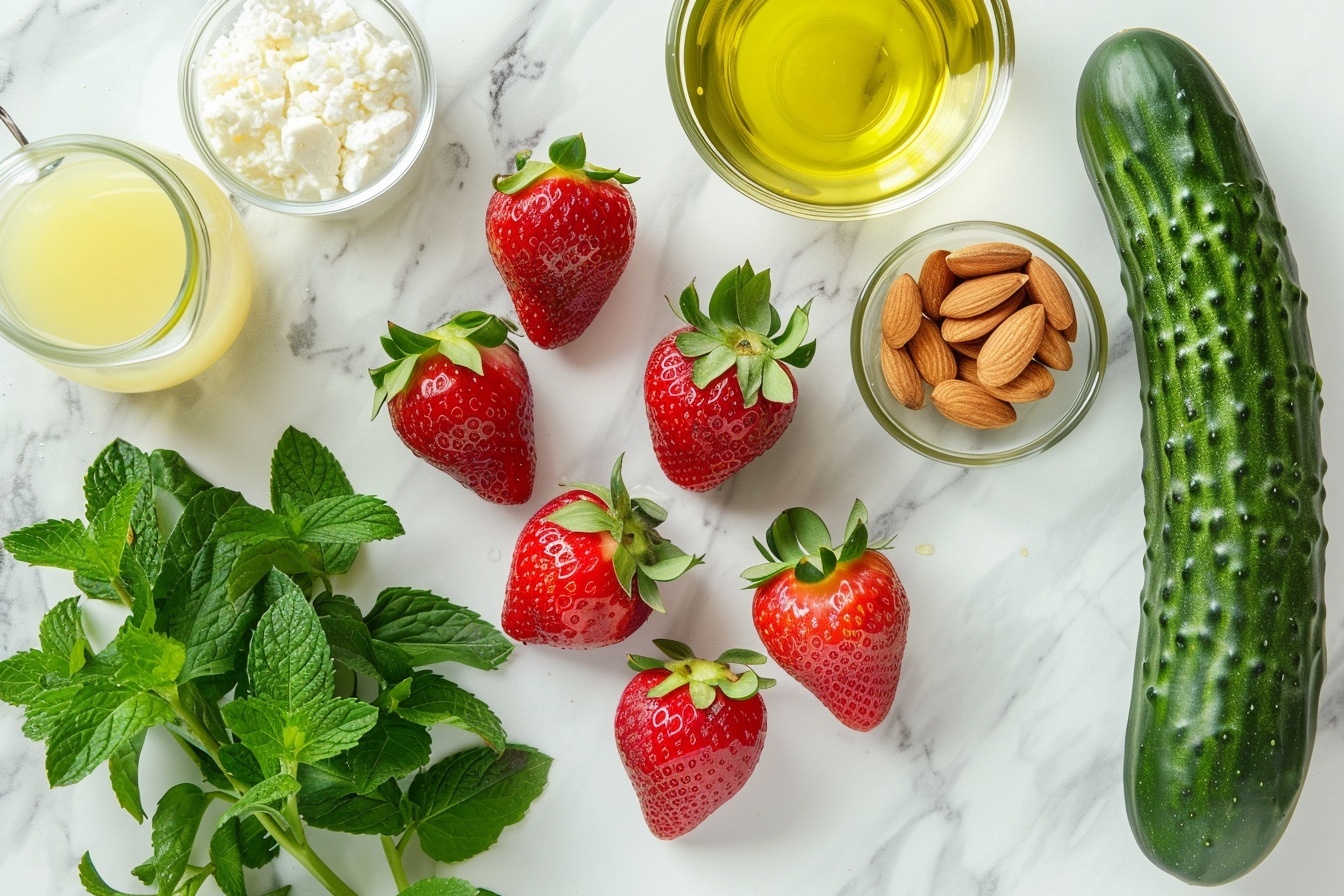 Single white plate with a fresh serving of strawberry and cucumber salad, showcasing vibrant halved strawberries and thin cucumber slices tossed with mint leaves and sprinkled with sesame seeds and black pepper, close-up angled shot revealing the juicy, textured interior of the fruit and the crisp freshness of the cucumber, placed on a white marble surface, styled as an elegant and healthy plated portion ready to eat, natural daylight enhancing the colors and textures, intimate food blog photo REALISTIC STYLE IMAGE| TAGS: High-end food photography, clean composition, dramatic lighting, luxurious, elegant, mouth-watering, indulgent, gourmet | CAMERA: Nikon Z7 | FOCAL LENGTH: 50mm | SHOT TYPE: Close-up | COMPOSITION: 3/4 angle | LIGHTING: Soft directional light | PRODUCTION: Food Stylist | TIME: Daytime I LOCATION TYPE: Kitchen near windows --stylize 150 --ar 4:5