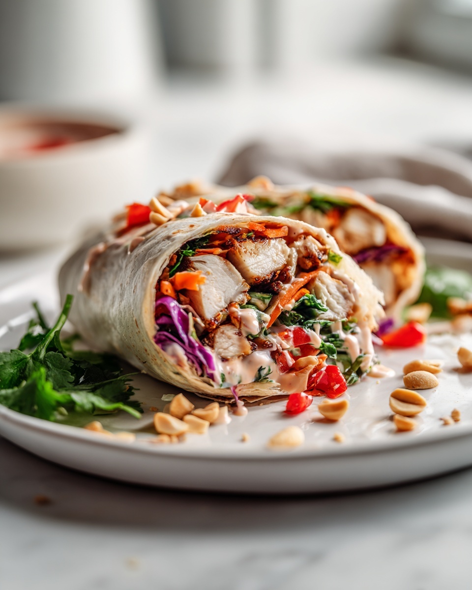 Thai Peanut Chicken Wraps Recipe 6 A large white ceramic platter showcasing an entire spread of freshly made chicken wraps, each generously filled with vibrant shredded lettuce, purple cabbage, thinly sliced carrots, and tender chunks of seasoned grilled chicken, all drizzled with a creamy peanut sauce and garnished with fresh cilantro leaves and chopped peanuts. The wraps are neatly arranged side by side on a pristine white marble countertop, bathed in soft natural light from nearby windows, emphasizing the bright colors and textures that make this dish inviting and indulgent. This full presentation captures the wholesome, gourmet appeal of the wraps as a complete dish, styled professionally to look mouth-watering and elegant. REALISTIC STYLE IMAGE| TAGS: High-end food photography, clean composition, dramatic lighting, luxurious, elegant, mouth-watering, indulgent, gourmet | CAMERA: Nikon Z7 | FOCAL LENGTH: 50mm | SHOT TYPE: Close-up | COMPOSITION: 3/4 angle | LIGHTING: Soft directional light | PRODUCTION: Food Stylist | TIME: Daytime I LOCATION TYPE: Kitchen near windows --stylize 150 --ar 4:5