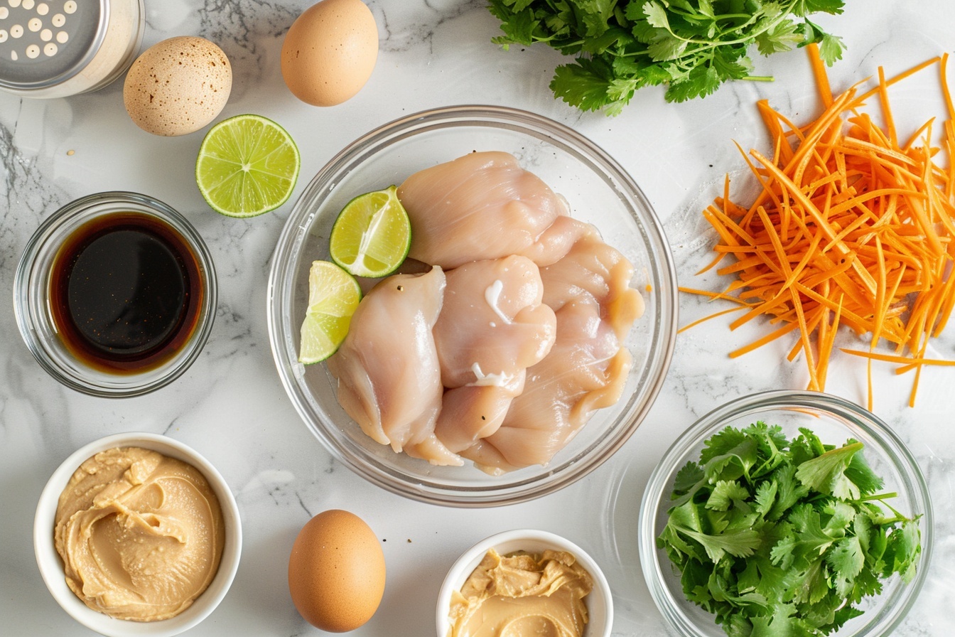 Thai Peanut Chicken Wraps Recipe 5 Single white plate featuring one neatly sliced portion of a grilled chicken wrap, showcasing the vibrant cross-section filled with tender grilled chicken pieces, crisp shredded carrots, purple cabbage, fresh leafy greens, chopped red bell peppers, and a drizzle of creamy sauce, garnished with scattered chopped peanuts and a sprig of cilantro on the side, placed on a white marble surface, close-up view revealing textures and layers, styled for an elegant food blog presentation. REALISTIC STYLE IMAGE| TAGS: High-end food photography, clean composition, dramatic lighting, luxurious, elegant, mouth-watering, indulgent, gourmet | CAMERA: Nikon Z7 | FOCAL LENGTH: 50mm | SHOT TYPE: Close-up | COMPOSITION: 3/4 angle | LIGHTING: Soft directional light | PRODUCTION: Food Stylist | TIME: Daytime I LOCATION TYPE: Kitchen near windows --stylize 150 --ar 4:5