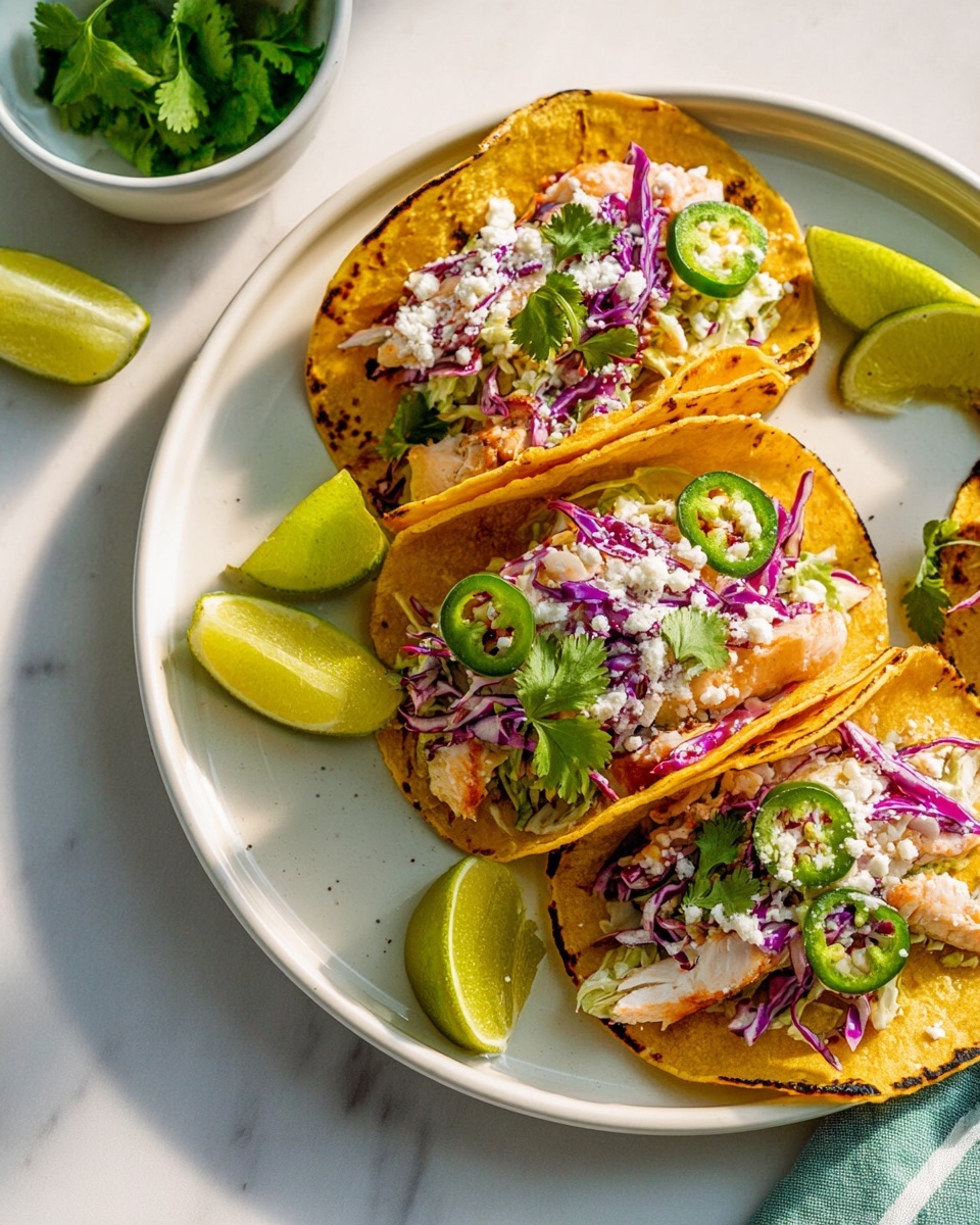 Large white serving platter featuring a vibrant arrangement of fresh fish tacos, each tortilla golden and slightly charred, generously filled with flaky white fish, shredded purple and green cabbage slaw, slices of bright green jalapeño, fresh cilantro, and crumbled white cheese, accompanied by lime wedges on the side for squeezing, multiple tacos positioned to display a complete and abundant serving, photographed at a 3/4 angle against a white marble kitchen countertop with natural daylight softly illuminating the scene, styled to evoke an inviting, gourmet taco experience. REALISTIC STYLE IMAGE| TAGS: High-end food photography, clean composition, dramatic lighting, luxurious, elegant, mouth-watering, indulgent, gourmet | CAMERA: Nikon Z7 | FOCAL LENGTH: 50mm | SHOT TYPE: Close-up | COMPOSITION: 3/4 angle | LIGHTING: Soft directional light | PRODUCTION: Food Stylist | TIME: Daytime I LOCATION TYPE: Kitchen near windows --stylize 150 --ar 4:5