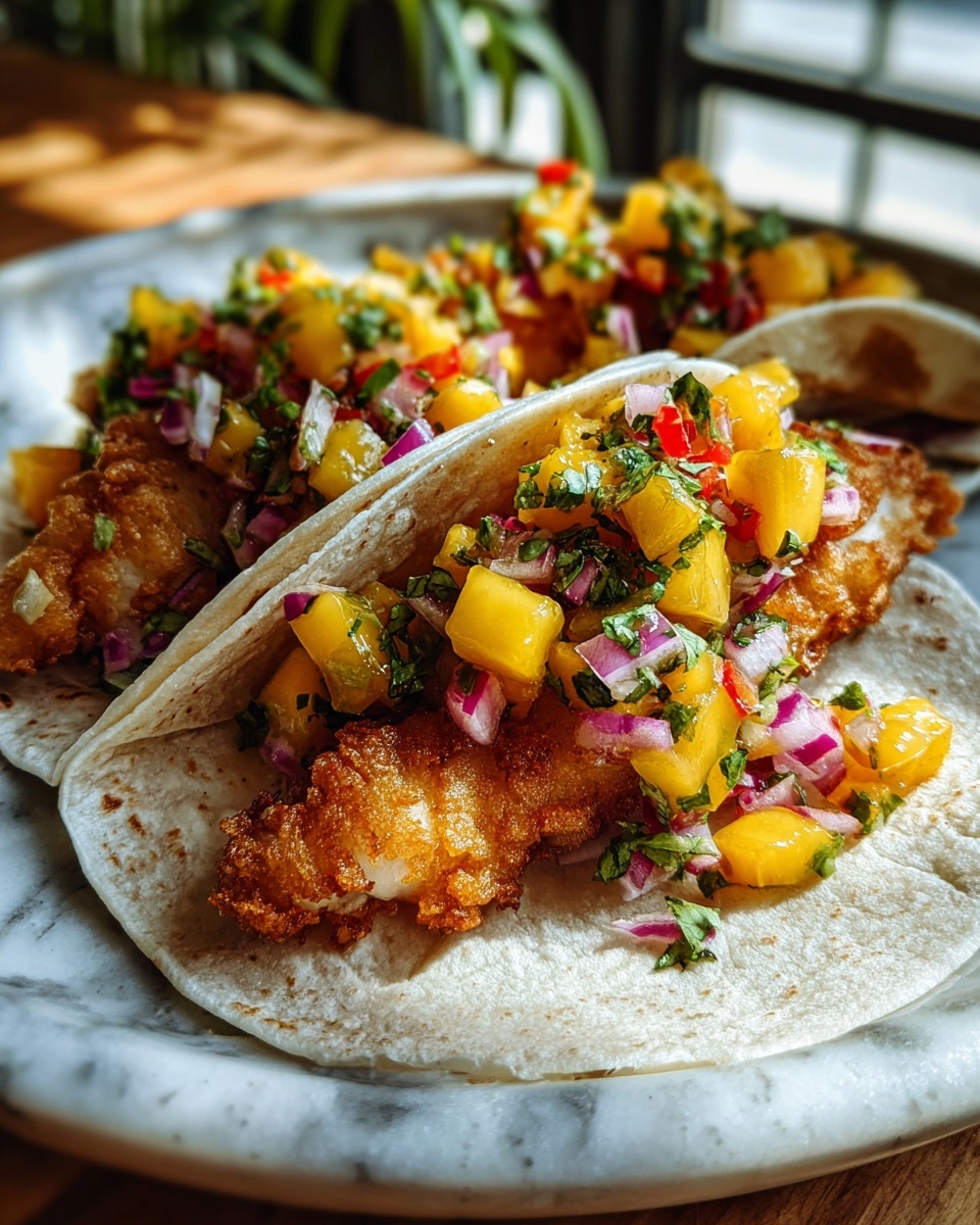 A large white oval ceramic serving tray filled with multiple tacos generously stuffed with golden, crispy fried fish, topped with vibrant, fresh mango salsa made of diced mangoes, red onions, and chopped cilantro. The tacos are arranged neatly in a row, each soft tortilla fully visible and evenly filled, showcasing the colorful combination of textures and flavors. The tray is set on a pristine white marble countertop, captured in a 3/4 angle close-up shot with soft directional natural light that highlights the freshness and crispness of the ingredients. The composition is elegant and mouth-watering, styled like a high-end food magazine hero shot, emphasizing indulgence and gourmet appeal. REALISTIC STYLE IMAGE| TAGS: High-end food photography, clean composition, dramatic lighting, luxurious, elegant, mouth-watering, indulgent, gourmet | CAMERA: Nikon Z7 | FOCAL LENGTH: 50mm | SHOT TYPE: Close-up | COMPOSITION: 3/4 angle | LIGHTING: Soft directional light | PRODUCTION: Food Stylist | TIME: Daytime I LOCATION TYPE: Kitchen near windows --stylize 150 --ar 4:5