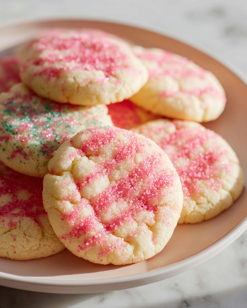 A large white oval ceramic serving tray filled with an abundant bunch of sugar cookies, each decorated with vibrant pink, blue, and purple sugar crystals and topped with delicate white icing drizzles. The cookies are arranged neatly in layers to showcase their soft texture and colorful embellishments. The entire spread is shot at a 3/4 angle on a clean white marble kitchen countertop, bathed in natural daylight streaming from nearby windows, highlighting the cookies’ inviting, freshly baked appeal. The composition is styled with elegance and simplicity, focusing on the indulgent, gourmet quality of the complete batch rather than individual pieces. REALISTIC STYLE IMAGE | TAGS: High-end food photography, clean composition, dramatic lighting, luxurious, elegant, mouth-watering, indulgent, gourmet | CAMERA: Nikon Z7 | FOCAL LENGTH: 50mm | SHOT TYPE: Close-up | COMPOSITION: 3/4 angle | LIGHTING: Soft directional light | PRODUCTION: Food Stylist | TIME: Daytime | LOCATION TYPE: Kitchen near windows --stylize 150 --ar 4:5