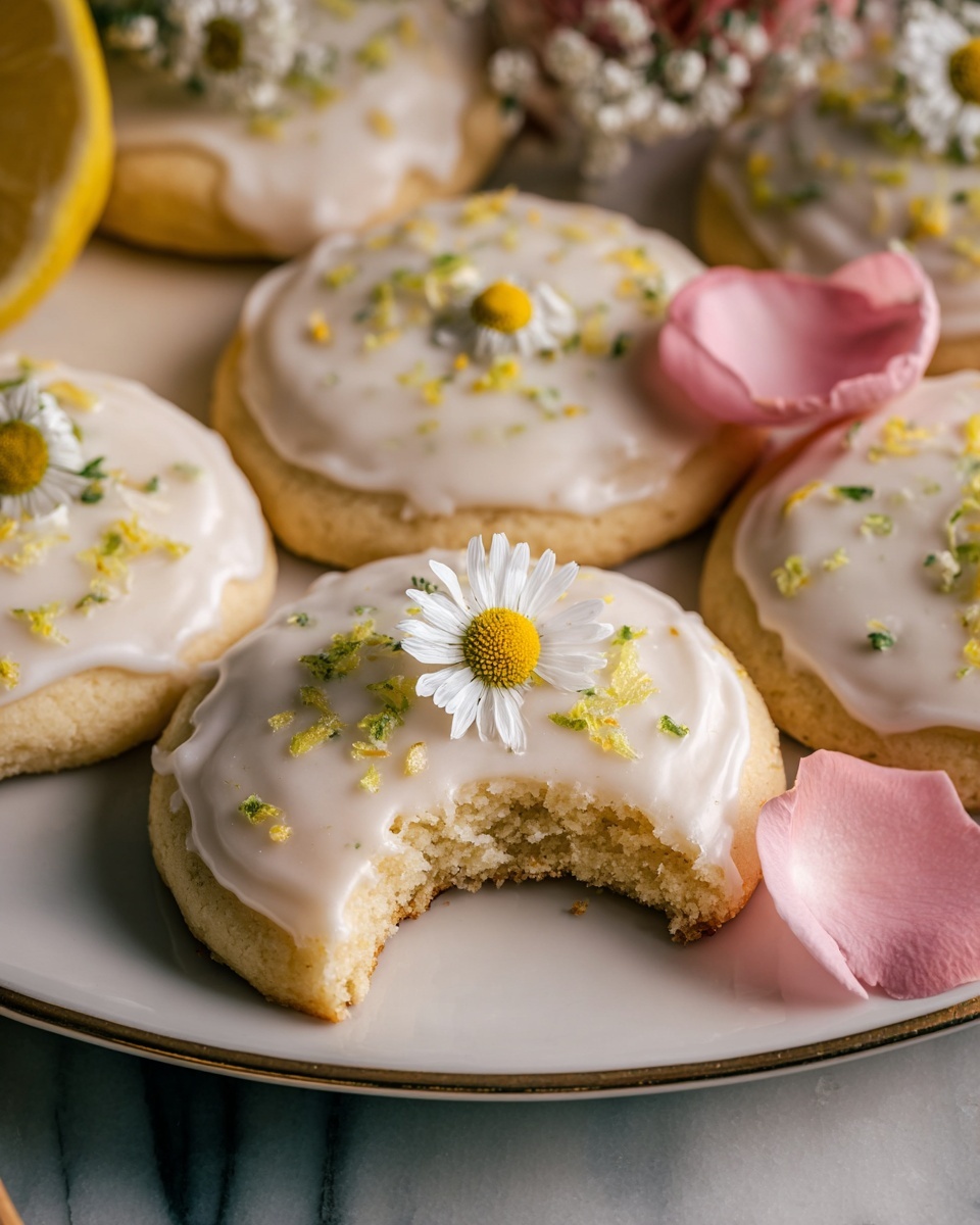 Chamomile Lemon Cookies with Icing Recipe 6 Large white oval ceramic serving tray piled high with dozens of frosted round lemon cookies, each decorated with delicate tiny white and yellow edible flowers and sprinkled lemon zest on smooth white icing, accented by fresh pink rosebuds and halved lemons artfully arranged around the cookies, photographed with natural daylight on white marble countertop, showcasing the entire batch evenly spread out to highlight abundance and intricate details, professional food styling. REALISTIC STYLE IMAGE| TAGS: High-end food photography, clean composition, dramatic lighting, luxurious, elegant, mouth-watering, indulgent, gourmet | CAMERA: Nikon Z7 | FOCAL LENGTH: 50mm | SHOT TYPE: Close-up | COMPOSITION: 3/4 angle | LIGHTING: Soft directional light | PRODUCTION: Food Stylist | TIME: Daytime I LOCATION TYPE: Kitchen near windows --stylize 150 --ar 4:5