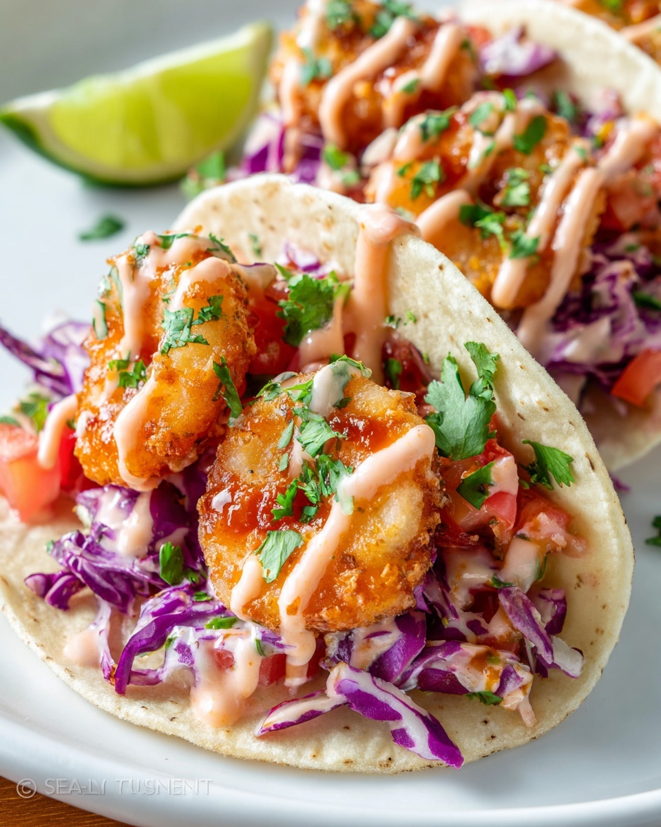A large white rectangular serving platter filled with multiple vibrant, fully assembled shrimp tacos featuring plump, crispy golden shrimp atop a bed of finely shredded purple cabbage and diced fresh tomatoes, drizzled generously with creamy, tangy orange sauce and sprinkled with fresh green cilantro leaves, all contained within perfectly charred white corn tortillas, capturing the entire arranged platter in a 3/4 angle shot on a white marble countertop, styled with natural soft directional daylight for a luxurious, mouth-watering presentation, perfect for a gourmet food magazine hero image. REALISTIC STYLE IMAGE| TAGS: High-end food photography, clean composition, dramatic lighting, luxurious, elegant, mouth-watering, indulgent, gourmet | CAMERA: Nikon Z7 | FOCAL LENGTH: 50mm | SHOT TYPE: Close-up | COMPOSITION: 3/4 angle | LIGHTING: Soft directional light | PRODUCTION: Food Stylist | TIME: Daytime I LOCATION TYPE: Kitchen near windows --stylize 150 --ar 4:5