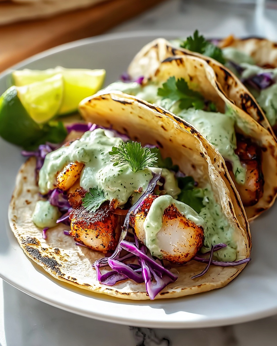 Large white oval ceramic platter displaying an abundant arrangement of soft corn tortillas filled with perfectly grilled, golden-browned fish chunks, garnished with fresh cilantro leaves, thinly sliced purple cabbage, and a creamy green herb sauce drizzled generously on top, accompanied by lime wedges for squeezing, whole dish captured from a 3/4 angle on a white marble kitchen countertop, styled with natural soft directional daylight for an inviting, mouth-watering presentation. REALISTIC STYLE IMAGE| TAGS: High-end food photography, clean composition, dramatic lighting, luxurious, elegant, mouth-watering, indulgent, gourmet | CAMERA: Nikon Z7 | FOCAL LENGTH: 50mm | SHOT TYPE: Close-up | COMPOSITION: 3/4 angle | LIGHTING: Soft directional light | PRODUCTION: Food Stylist | TIME: Daytime I LOCATION TYPE: Kitchen near windows --stylize 150 --ar 4:5