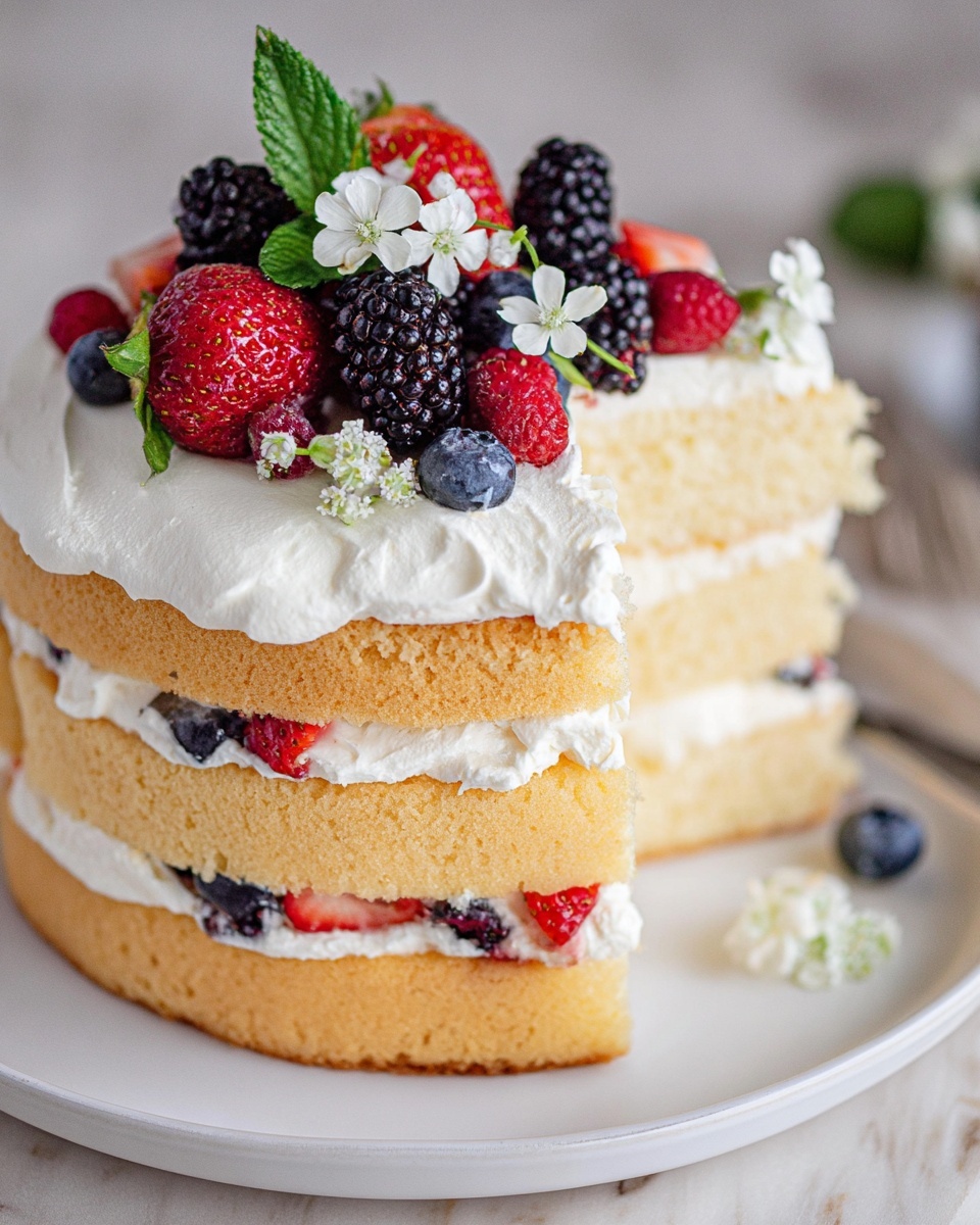 A whole round cake displayed on a white ceramic cake stand, generously frosted with thick, fluffy white cream, and lavishly topped with an abundant arrangement of fresh strawberries, plump blackberries, and blueberries interspersed with vibrant green leaves and delicate white edible flowers. The entire cake, uncut and intact, is photographed from a 3/4 angle, set against a white marble kitchen countertop bathed in soft natural daylight, capturing the luxurious texture and vibrant colors of the fruit and cream in a high-end food photography style. REALISTIC STYLE IMAGE| TAGS: High-end food photography, clean composition, dramatic lighting, luxurious, elegant, mouth-watering, indulgent, gourmet | CAMERA: Nikon Z7 | FOCAL LENGTH: 50mm | SHOT TYPE: Close-up | COMPOSITION: 3/4 angle | LIGHTING: Soft directional light | PRODUCTION: Food Stylist | TIME: Daytime I LOCATION TYPE: Kitchen near windows --stylize 150 --ar 4:5