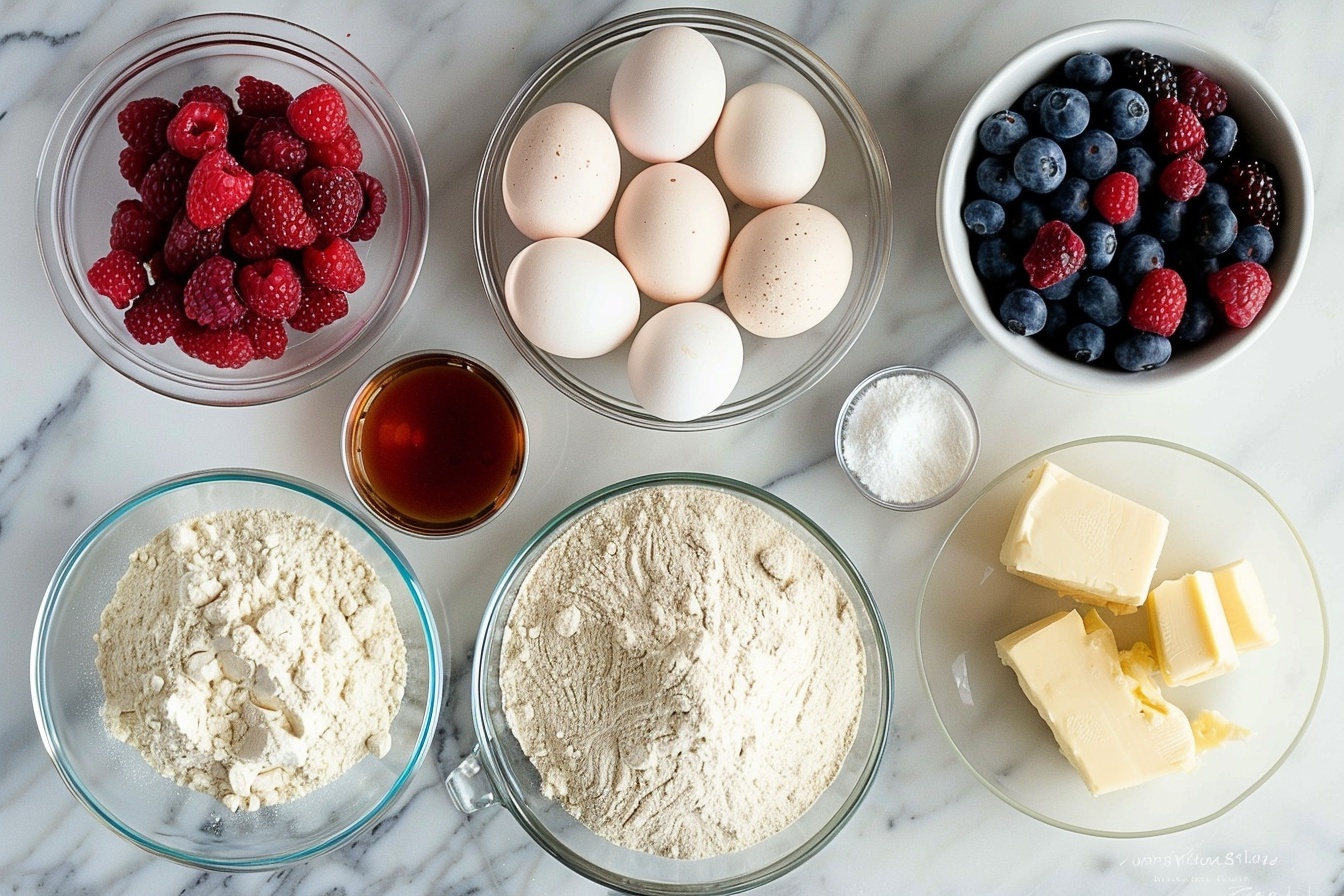 Single white plate featuring a single slice of three-layer sponge cake with fluffy whipped cream and fresh berries nestled between each golden cake layer, the slice showing the airy texture and creamy filling with visible blueberries and strawberries embedded inside, topped with a delicate arrangement of blackberries, strawberries, and small white edible blossoms, all presented on a white marble surface with soft natural lighting highlighting the cake’s moist crumb and vibrant colors, styled like a refined food blog serving ready to enjoy. REALISTIC STYLE IMAGE| TAGS: High-end food photography, clean composition, dramatic lighting, luxurious, elegant, mouth-watering, indulgent, gourmet | CAMERA: Nikon Z7 | FOCAL LENGTH: 50mm | SHOT TYPE: Close-up | COMPOSITION: 3/4 angle | LIGHTING: Soft directional light | PRODUCTION: Food Stylist | TIME: Daytime I LOCATION TYPE: Kitchen near windows --stylize 150  --ar 4:5