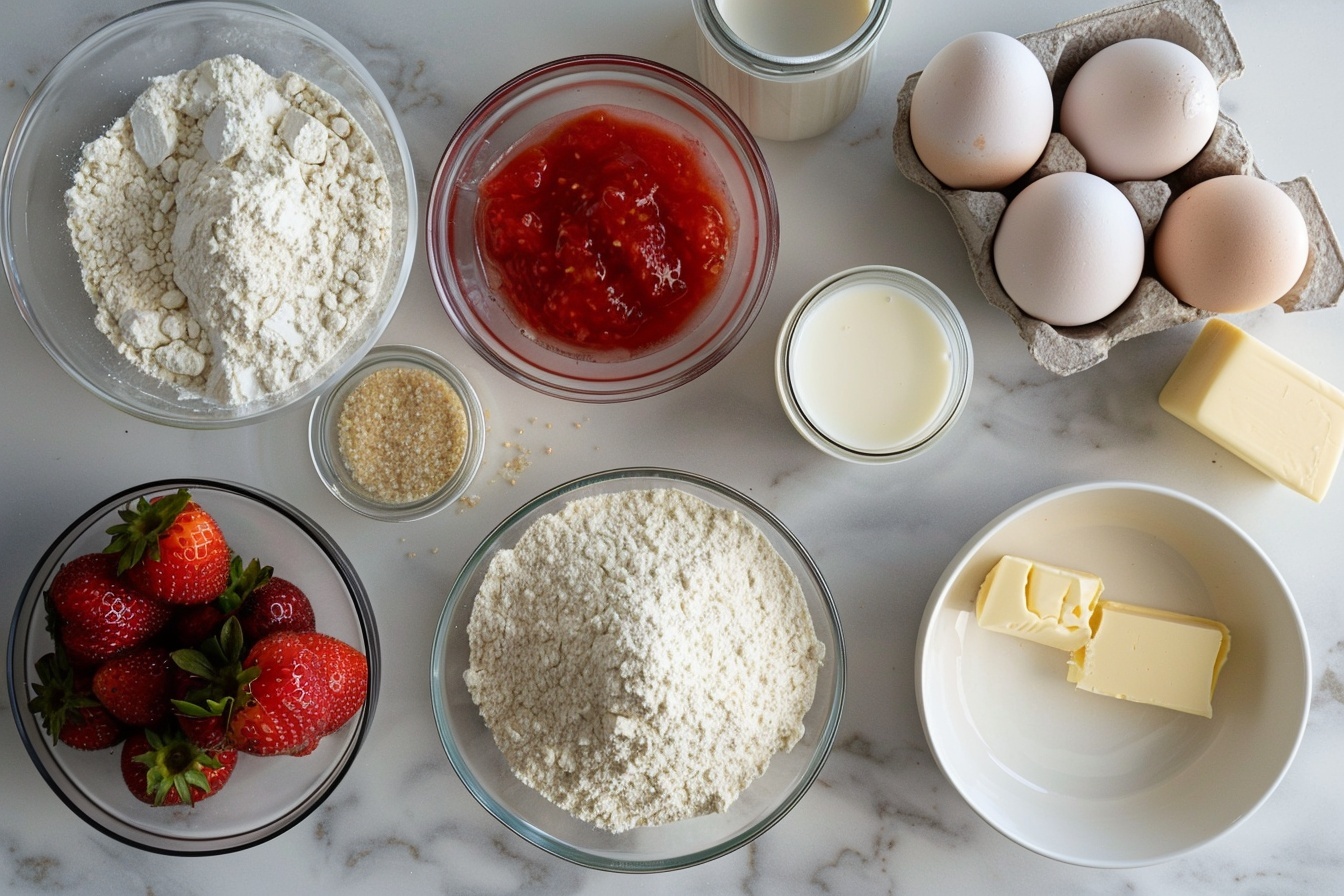 Whole uncut layered strawberry cake presented on a white round cake stand, featuring light and fluffy sponge layers filled and topped with smooth pink strawberry cream, garnished with whole fresh strawberries and a delicate dusting of powdered sugar, captured in a professional food stylist's hero shot at a 3/4 angle on a white marble kitchen countertop with soft natural light streaming through nearby windows, evoking a luxurious and indulgent atmosphere. REALISTIC STYLE IMAGE| TAGS: High-end food photography, clean composition, dramatic lighting, luxurious, elegant, mouth-watering, indulgent, gourmet | CAMERA: Nikon Z7 | FOCAL LENGTH: 50mm | SHOT TYPE: Close-up | COMPOSITION: 3/4 angle | LIGHTING: Soft directional light | PRODUCTION: Food Stylist | TIME: Daytime I LOCATION TYPE: Kitchen near windows --stylize 150 --ar 4:5
